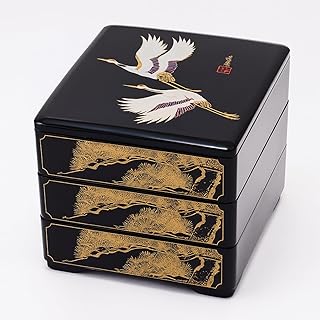 JapanBargain 4119, Jubako Box Japanese Traditional 3 Tiers Stack Box Food Candy Snack Container Bento Box Made in Japan, Plastic Lacquered, Black Crane, 1-Pack