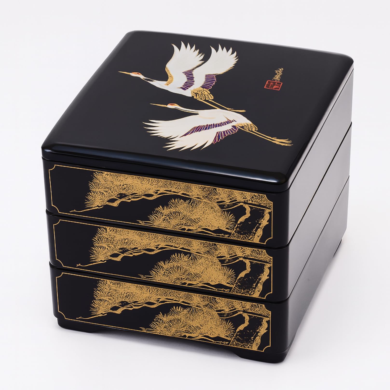 JapanBargain 4119, Jubako Box Japanese Traditional 3 Tiers Stack Box Food Candy Snack Container Bento Box Made in Japan, Plastic Lacquered, Black Crane, 1-Pack