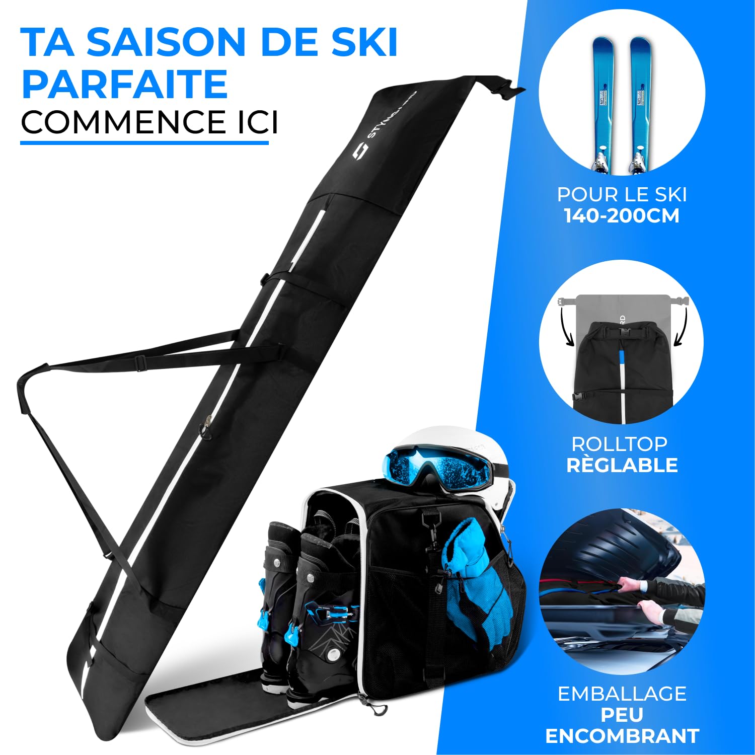 STYNGARD Set Housse à Skis [140 cm à 200 cm] et Sac à Chaussures de Ski avec Compartiment pour Casque [40 L] Housse Ski et Chaussures avec Grille d'aération Modèle Vancouver