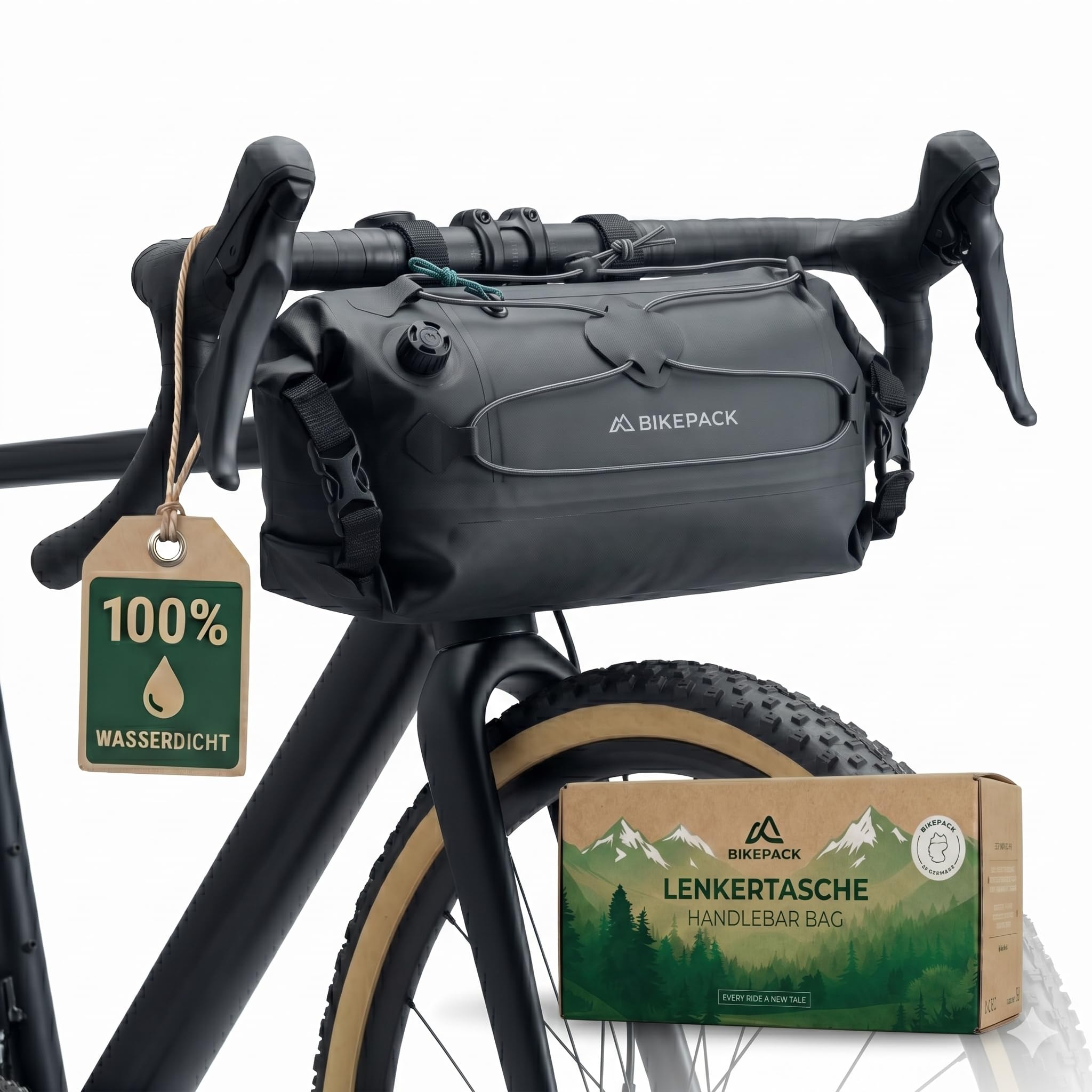 BIKEPACK Sacoche de Guidon Vélo 9,5L Étanche - Bikepacking Gravel VTT | Rouleau imperméable avec séparation intérieure et poche téléphone, montage sans outil, accessoire route et cyclotourisme
