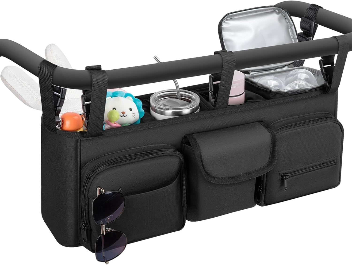Double Stroller Organizer Compatible with Bob Duallie and Baby Jogger City Mini GT2, Double Baby Stroller Accessories with Cooler Bag, Parent Console Double Jogging Stroller Caddy with Cup Holder