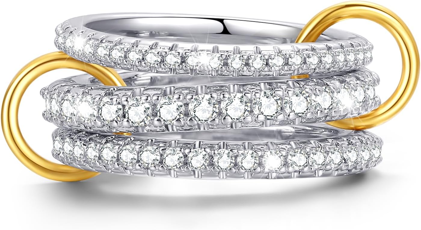 Tri Color Interlocking Stackable Rings for Women 18K Gold Plated - Waterproof Non Tarnish Connected Ring Set - Rose Gold Silver Mixed Metal Statement Bands - Hypoallergenic Sterling Silver CZ Rings