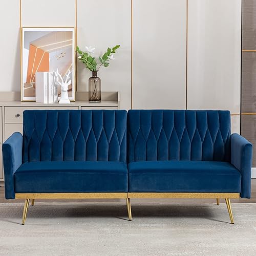 TTGIEET 70" W Velvet Convertible Futon Sofa Bed, Mid Century Modern Decor, Tufted Loveseat Couch Sleeper Futon Sofa with Adjustable Armrests& Golden Metal Legs for Home Living Room Bedroom (Blue)