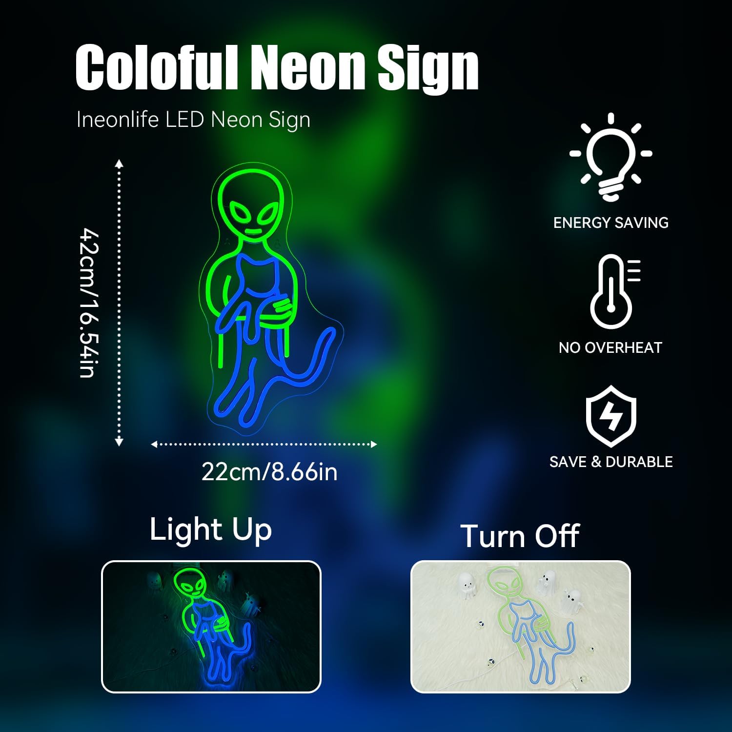 Ineonlife Green Alien Neon Sign, Funny Cat Alien Stuff Neon Signs for Men Cave LED Light Wall Art Decor Game Room Bedroom Party Boys Girls kids Gifts USB Powered 16.5 * 8.6 in - Image 3