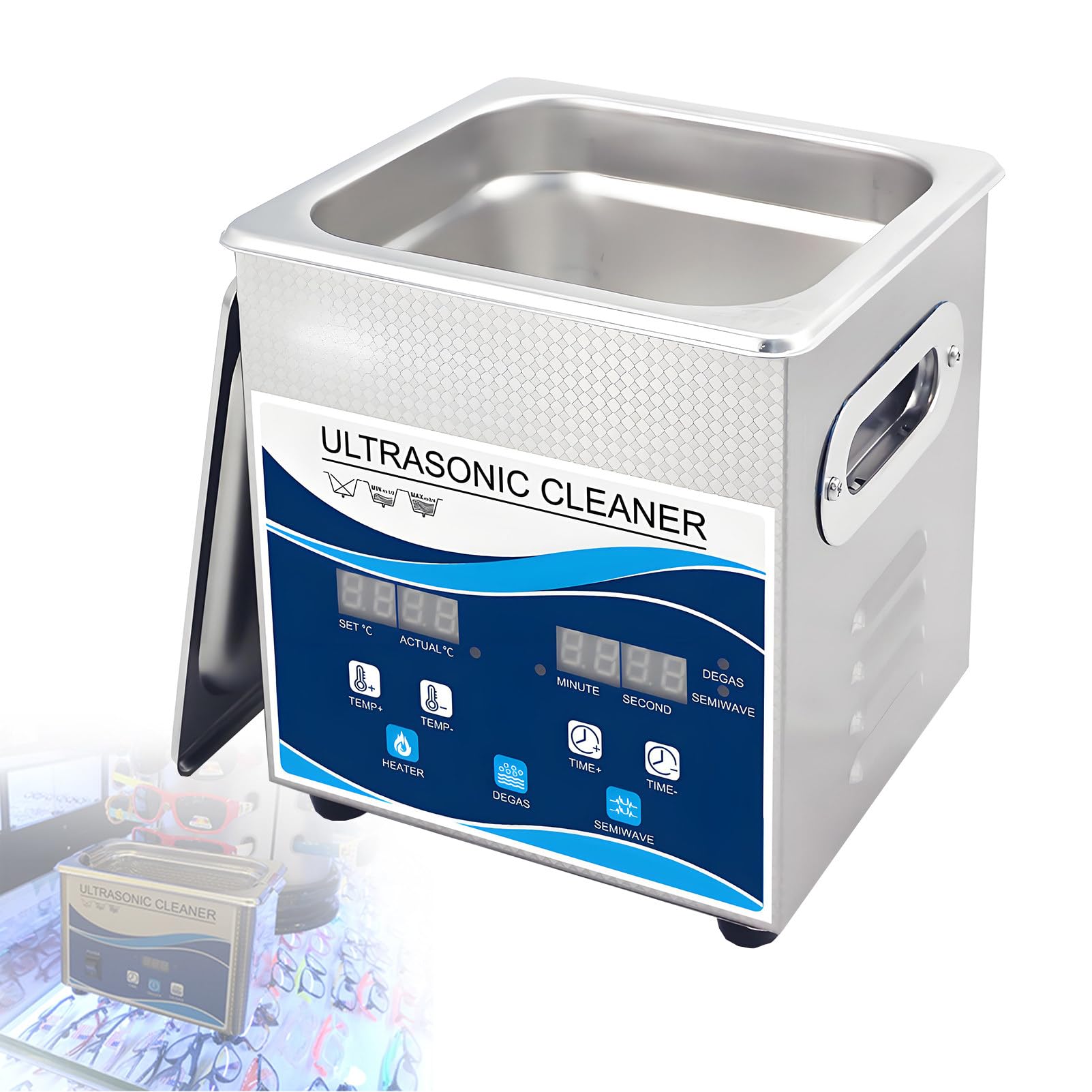 Lavatrice ad Ultrasuoni Pulitore a Ultrasuoni Display Digitale in Acciaio Inox Vasca Ultrasuoni Professionale con Timer Riscaldatore per Gioielli Occhiali Orologi Laboratorio 202-2L
