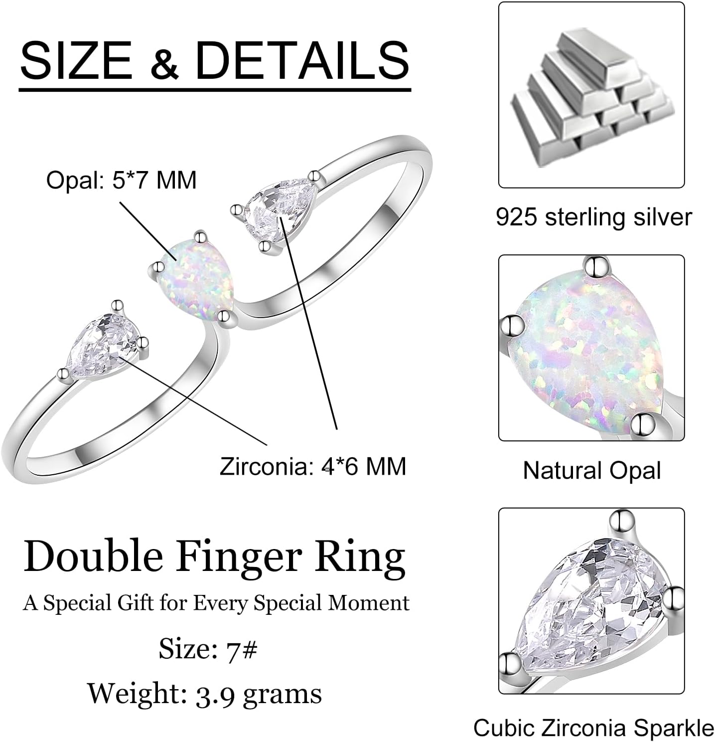 Opal Rings for Women 925 Sterling Silver Open Adjustable Ring October Birthstone Double Finger Rings Fine Jewelry