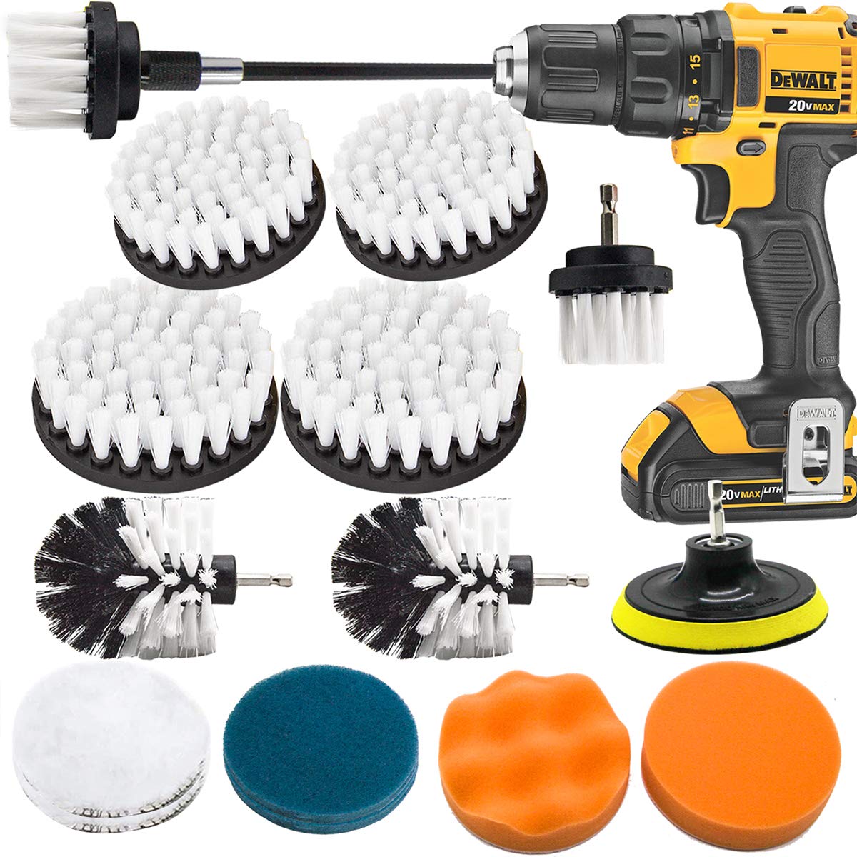 Drill Brush and Scrub Pads, VONDERSO 16 Pcs Power Scrubber Kit with Long Reach Attachment for Kitchen Washing, Bathroom Shower Scrubbing, Carpet Cleaning, Grout Scrubbing, Automotive and Tile Cleaning