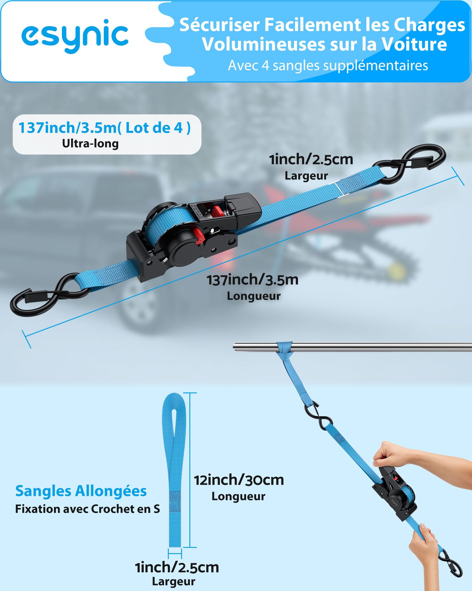 eSynic 4pcs Sangle à Cliquet avec Crochets en S 3,5m×25mm Traction 320kg | Force de Rupture 640kg, Crochets S Robustes, Rétraction Automatique, Certification GS CE UKCA, Transport Sécurisé