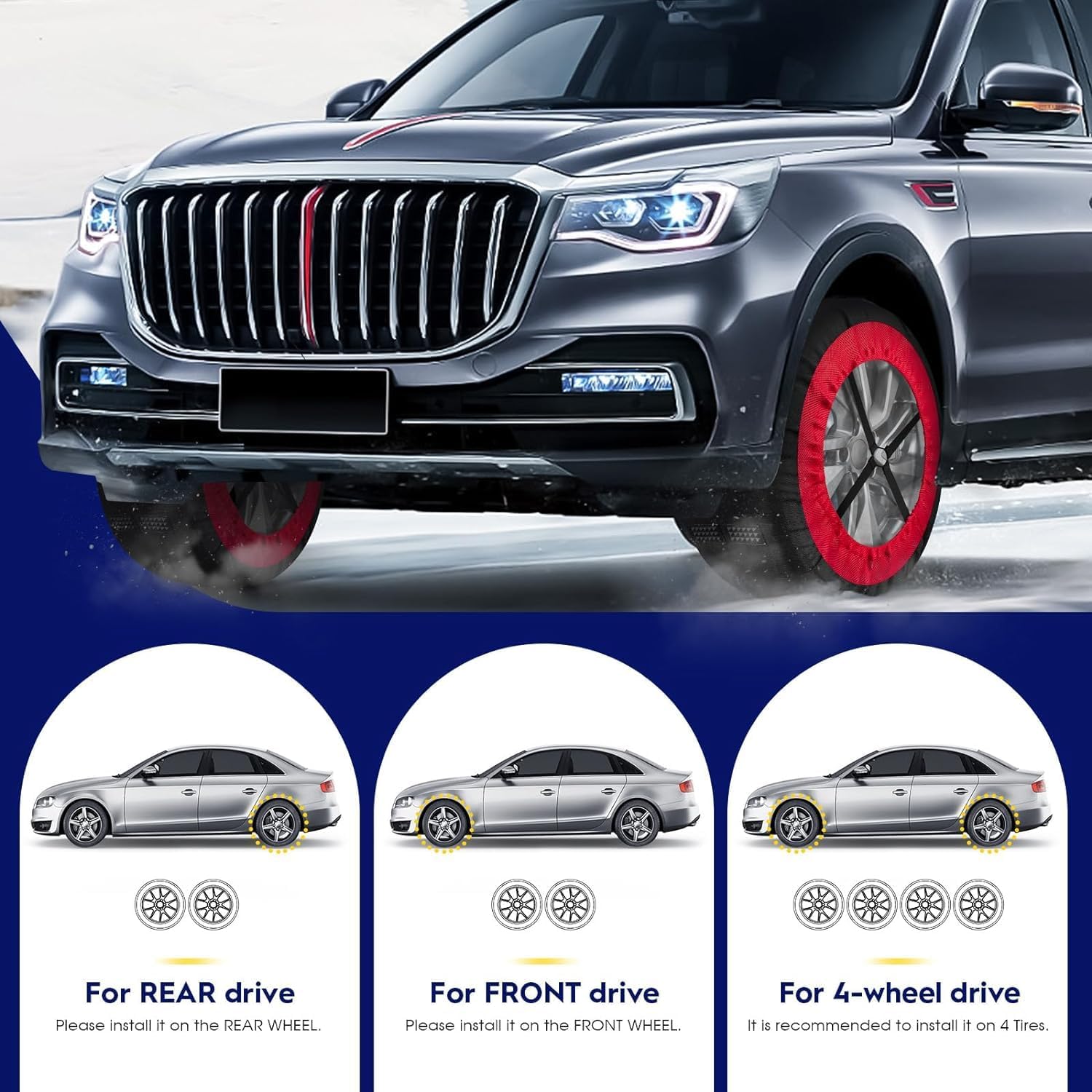 Diagram illustrating snow sock installation for rear-wheel drive, front-wheel drive, and 4-wheel drive vehicles.