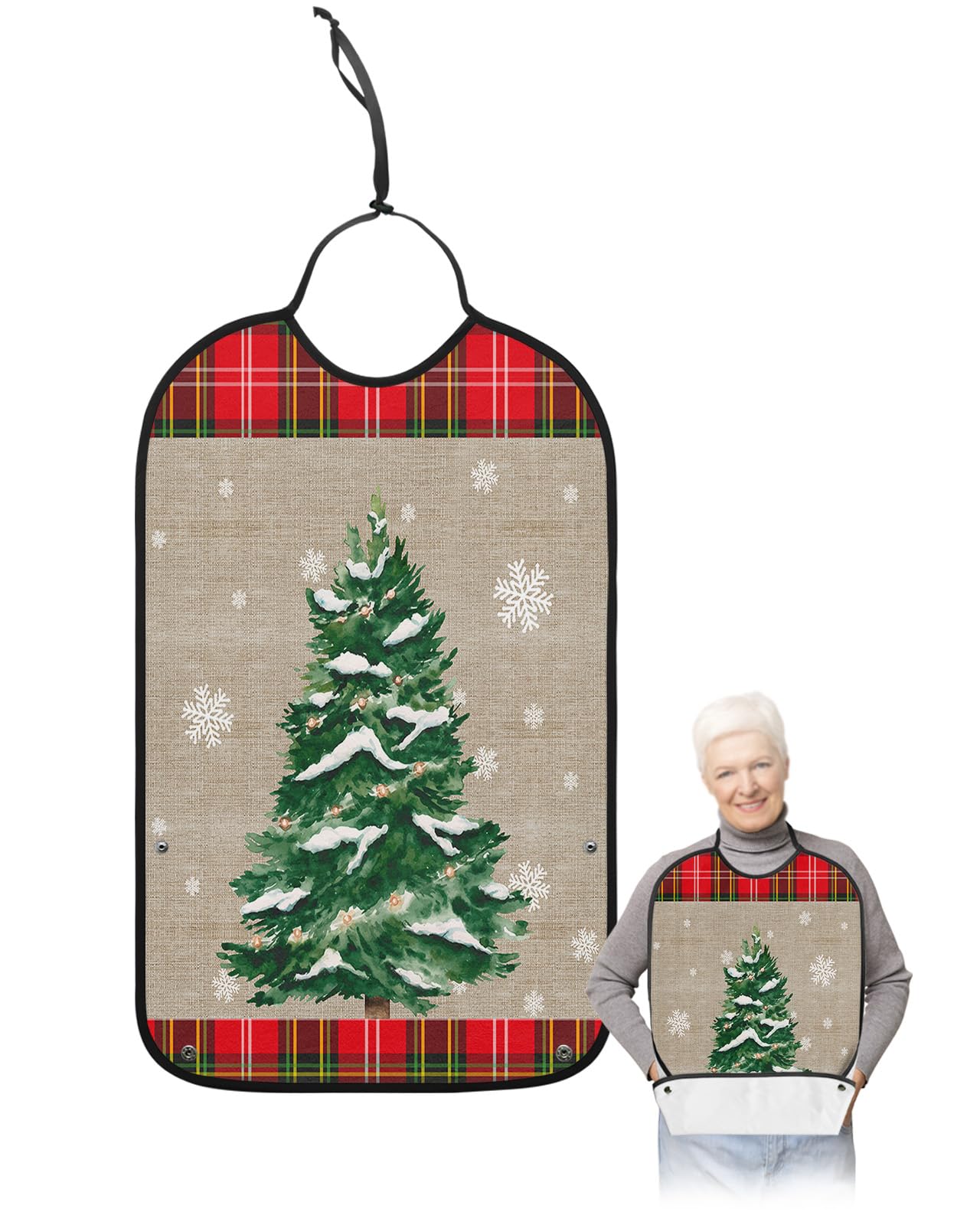 Christmas Tree Adult Bibs for Eating, Waterproof Bibs with Food Catcher & Adjustable Snap Closure, Winter Snowflake Farm Red Plaid Washable Clothing Protectors Adult Bibs for Elderly Women/Men