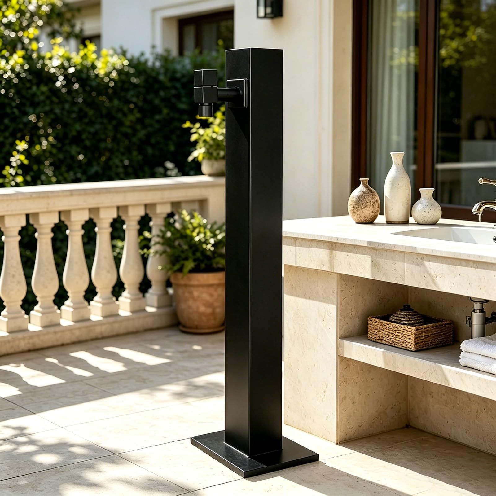 Lonmrrton A Modern Square Garden Water Column, Freestanding Black Yard Hydrant Outdoor Spigot For Patio Backyard Poolside Courtyard, Floor Or Side Mounted
