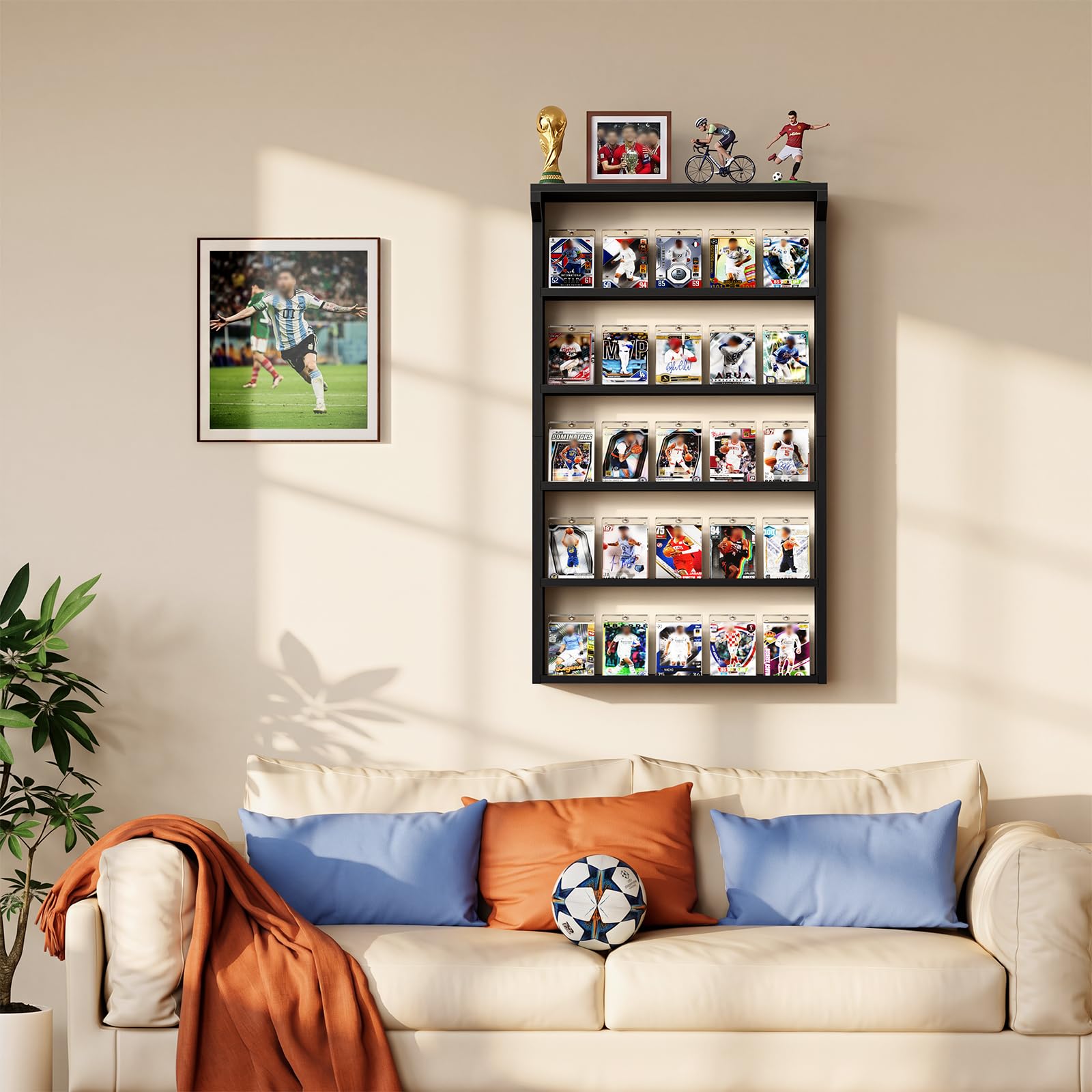 Espositore per carte collezionabili da parete, 5 ripiani, grande, in legno, con ripiano superiore, espositore per carte sportive, collezione di carte da baseball, basket, calcio (nero)