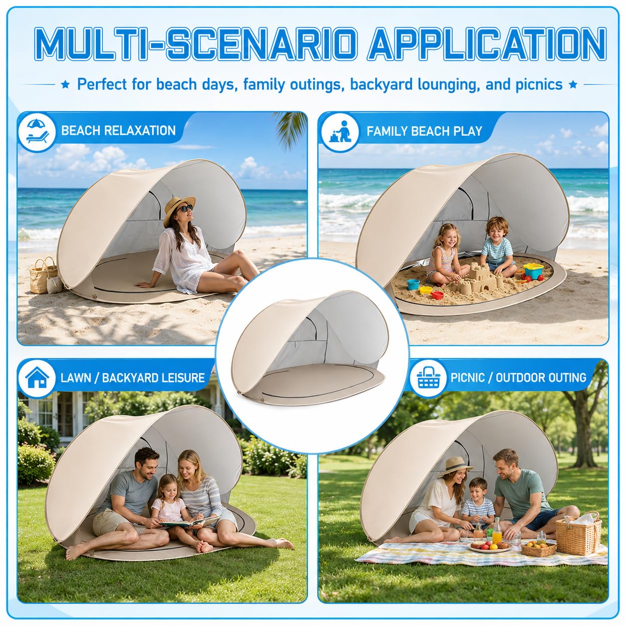 ZVD Tente de Plage Pop Up 3-4 Personnes, Anti-UV UPF 50+Camping (Blanc) | Abri de Plage Coupe-Vent avec Sol Amovible, Pare-Soleil Portable pour Plage, Camping, Jardin, Pique-Nique et Pêche
