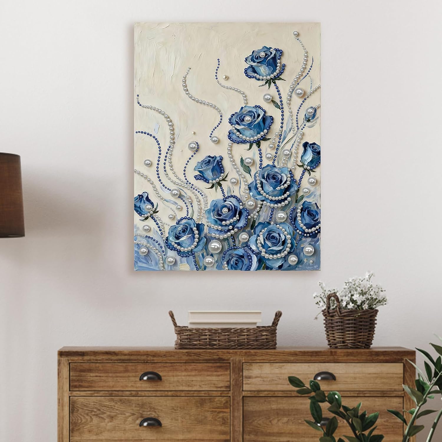 Pearl Gem Diamond Art Painting Kits,Blue Flowers Pattern Diamond Dots Pearl Gem Paintings Picture Arts Craft 30x40cm with Frame for Adults Gift Home Decor