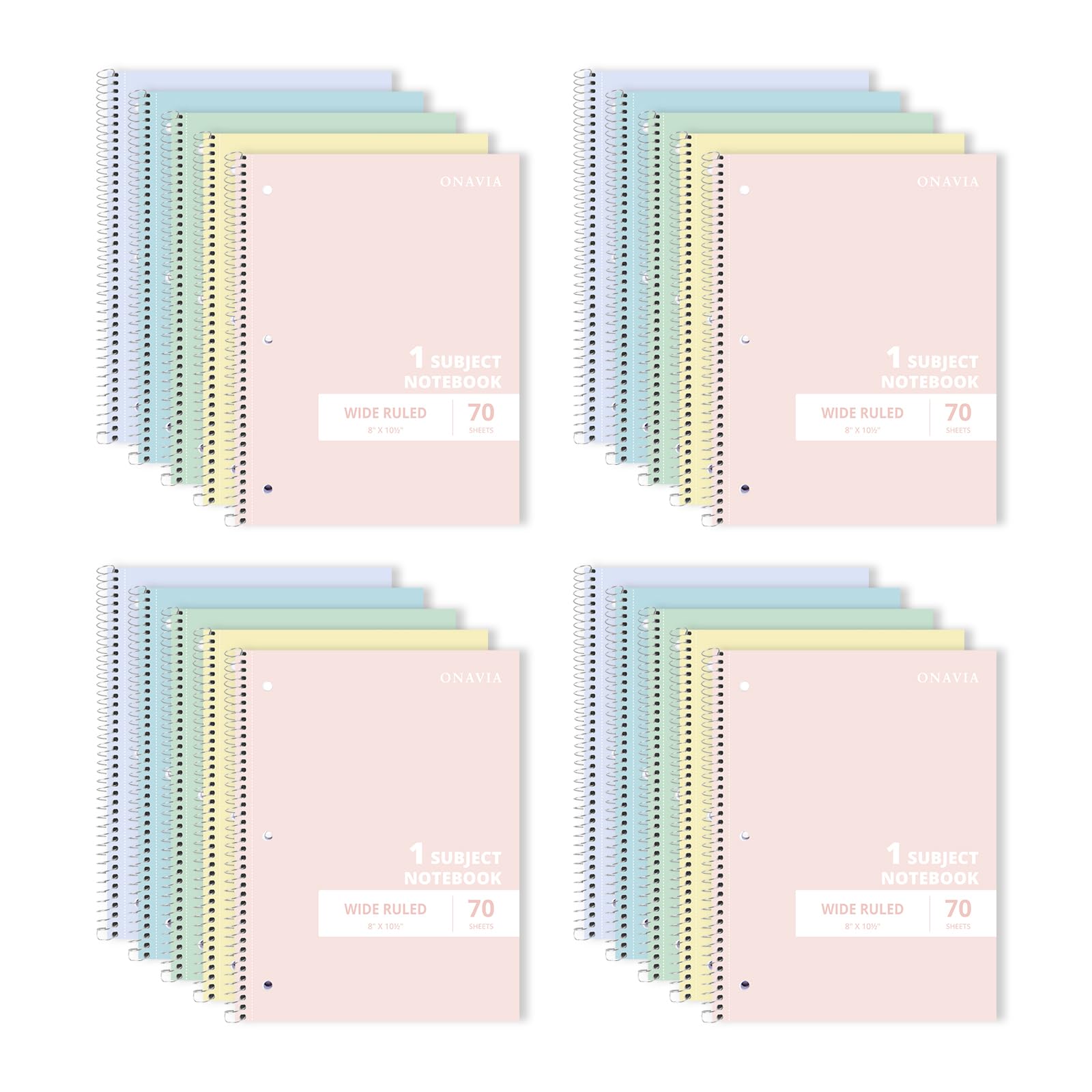 ONAVIA Quaderno a spirale per soggetto, confezione da 20, a righe larghe, 7,5 x 10,5, 70 fogli ciascuno, 1 soggetto, per esigenze di fornitura di quaderni scolastici, colori assortiti