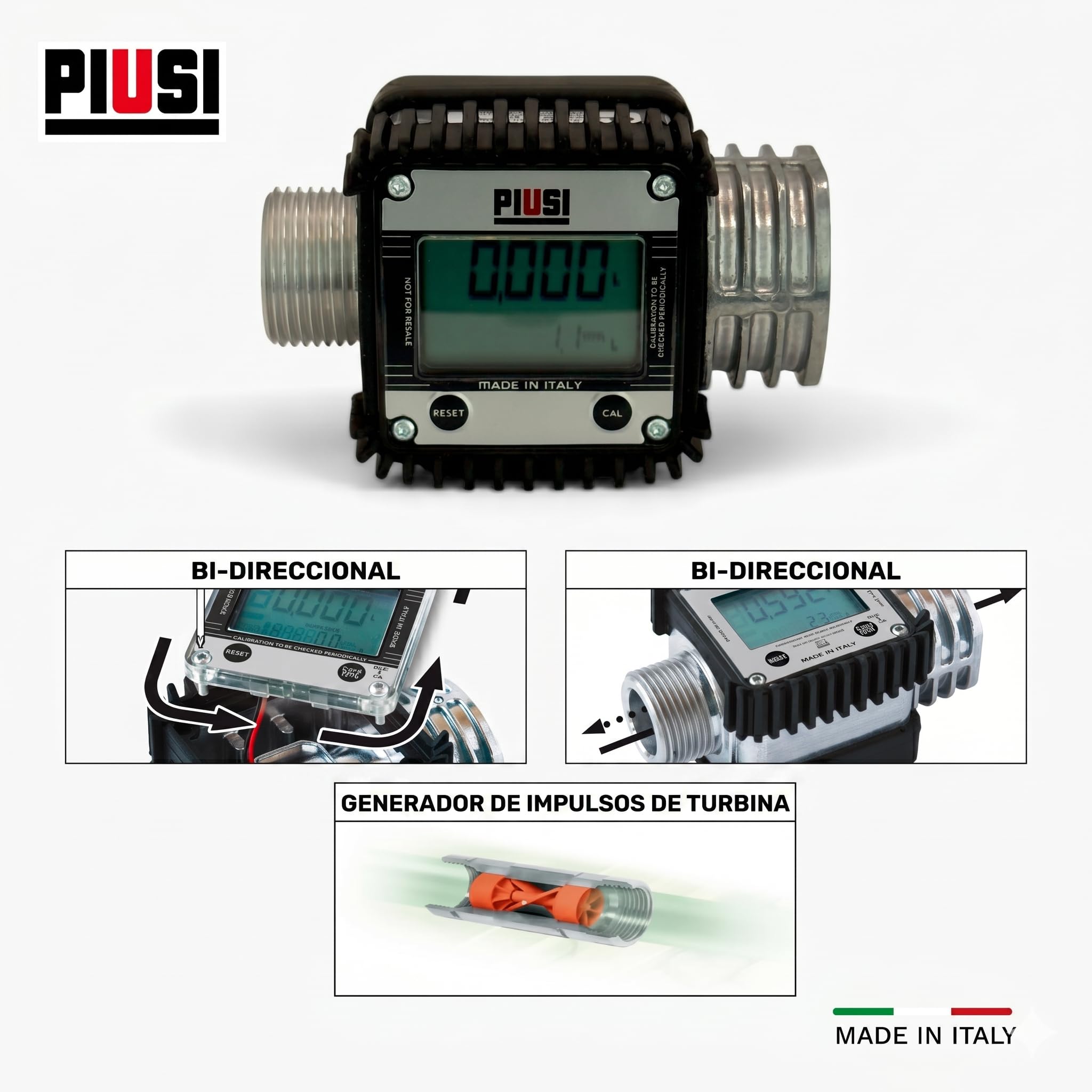 PIUSI Contador Digital de Turbina para Gasóleo, Caudal hasta 120 l/min, Presión 20 Bar, Conexión M 1” BSP - F 1” BSP | K24 F00408100 | Contador gasóleo K24 electrónico digital para diésel, caudal 7-120 l/min, alimentación 2 x AAA