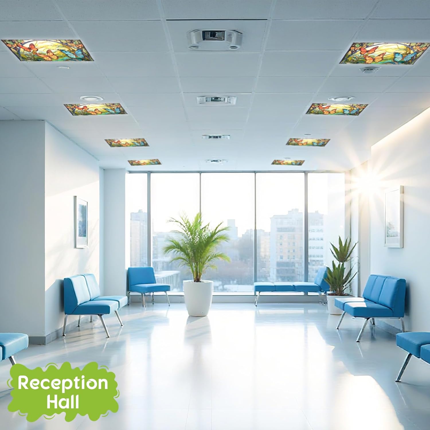 Glooglitter 4 Pcs Butterfly Fluorescent Light Covers 4 x 2 ft Stained Glass Magnetic Office Light Cover for Ceiling with 10 Magnets Filter Reduce Glare for Classroom School Home