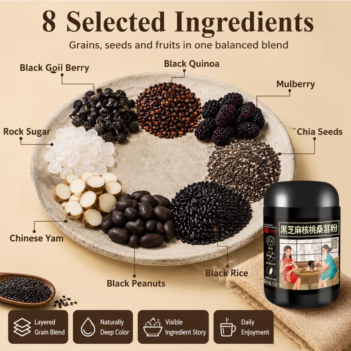 Polvo Sésamo Negro Nueces Bayas | Mezcla Desayuno Cereales 500g