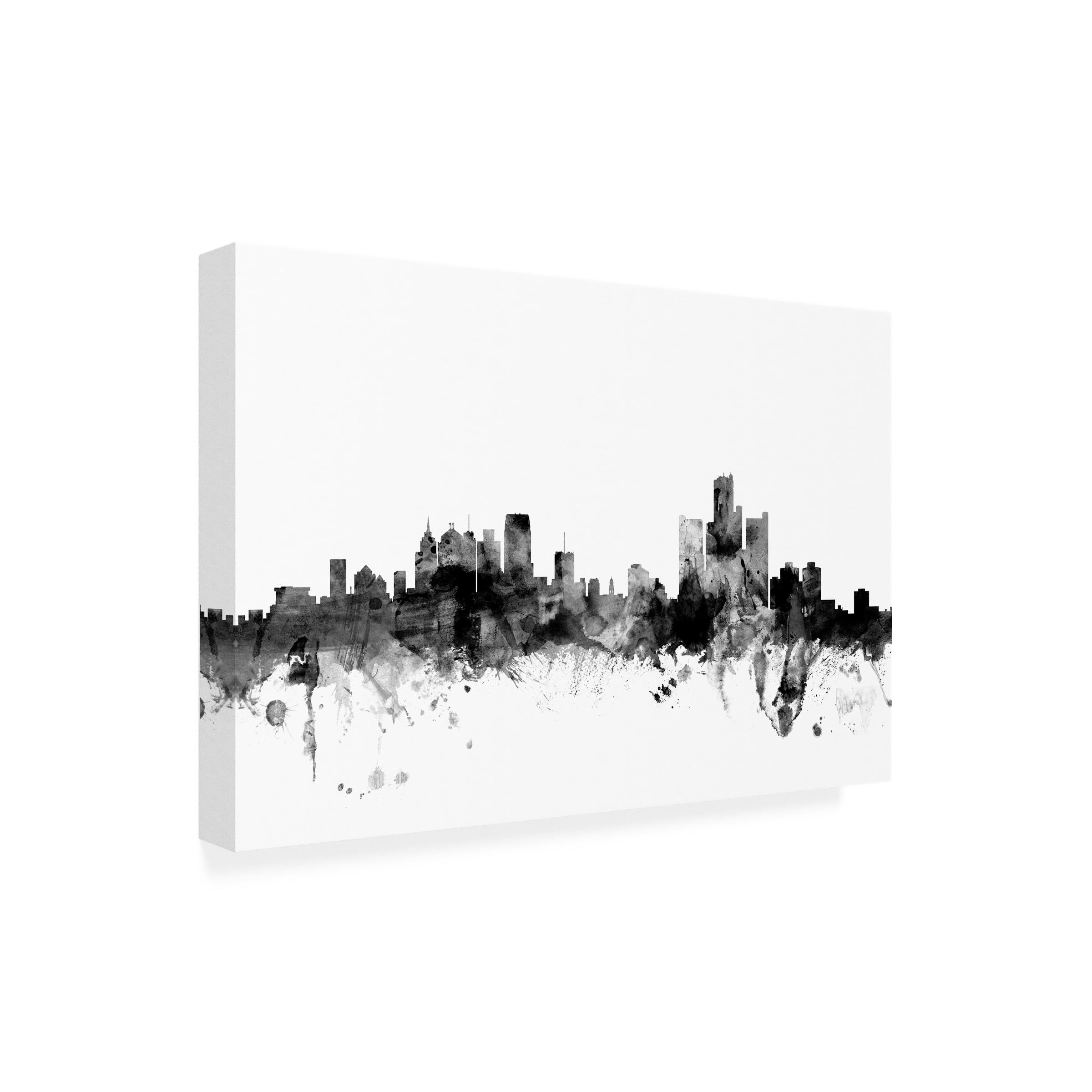 Wrapped Canvas Wall Art - Michael Tompsett Detroit Michigan Skyline B W Wall Art for Living Room Bedroom
