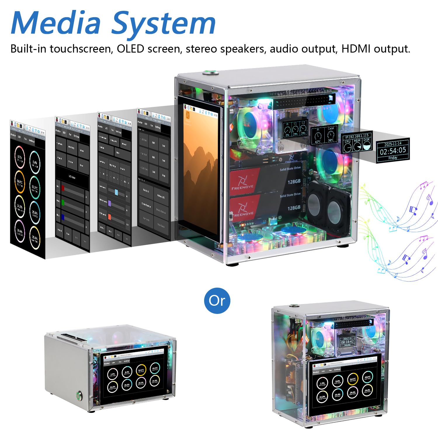 Freenove Raspberry Pi 5 NAS Case Kit (with 1x 128GB SSD), Quad M.2 NVMe SSD Slots, 5 PWM ARGB Fans Light Sync, CPU Tower Cooler, 4.3" Touchscreen, Stereo Speakers, 3.5 mm Audio