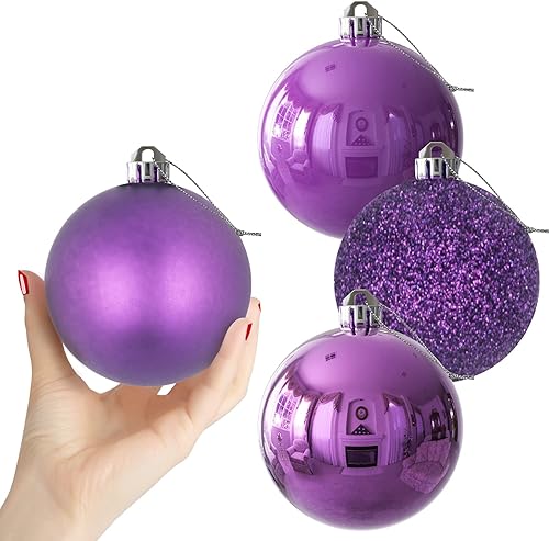 Vista 1234 de 18 esferas medianas decorativas navideñas para árbol de Navidad, inastillables, para colgar, color púrpura, 2.5 pulgadas, paquete de 18