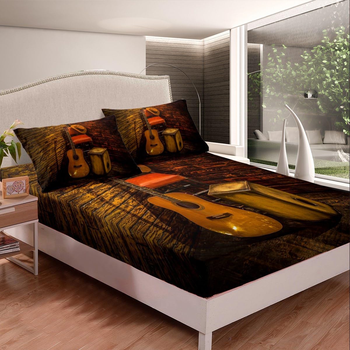 Erosebridal Acoustic Guitar Bed Sheets Vintage Instrument Fitted Sheet Full Size, Rustic Farmhouse Sheets Western Cowboys Hat Bedding, Wooden Lodge Cabin Bed Cover Microfiber (Deep Pocket)