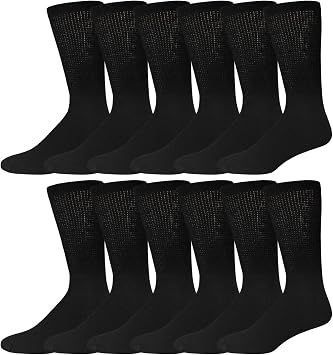12 Pairs of Cotton Diabetic Neuropathy Crew Socks 9-11, Fits Mens Shoe Size 7-9.5, Black