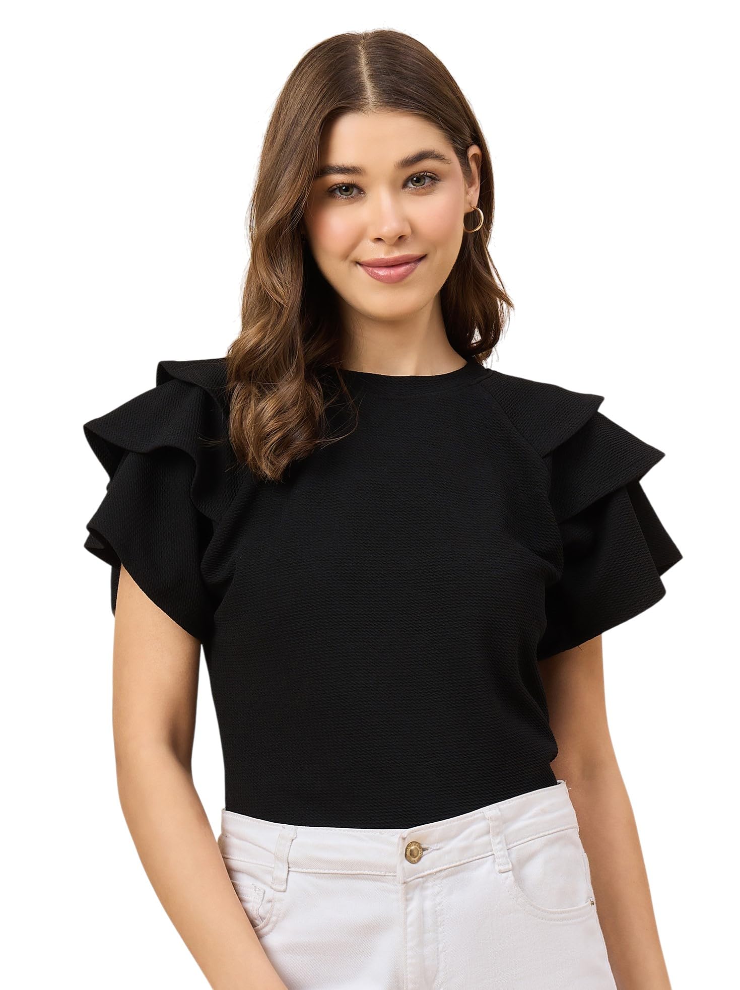 style quotient Women Solid Texture White Slim Fit Smart Casual Polyknit Top-picture-25