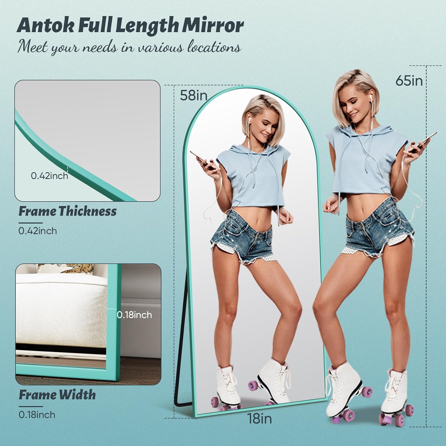 Antok Arch Floor Mirror, 58"x18" Full Length Mirror - Freestanding Full Body Mirror with Stand for Bedroom or Living Room (Sapphire)