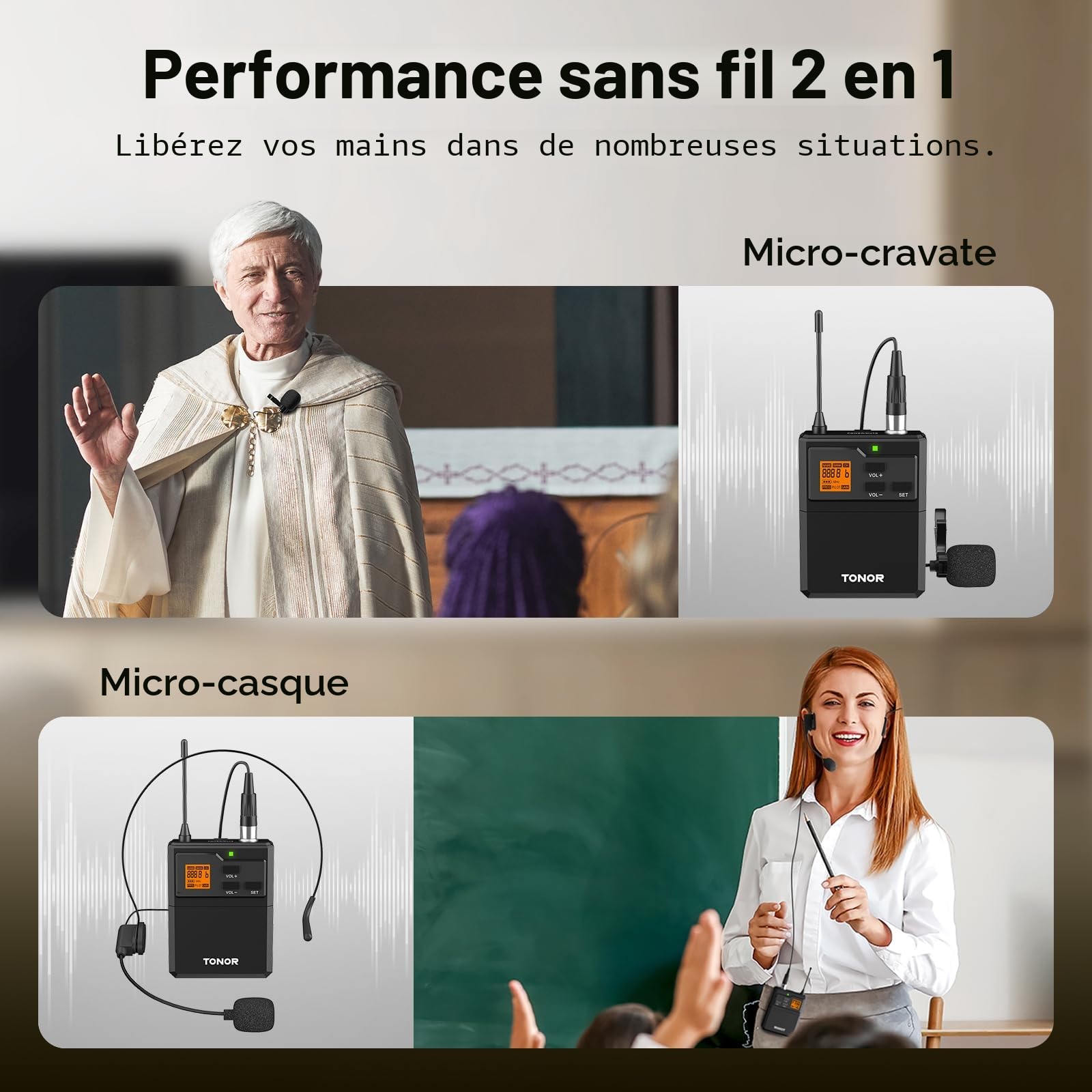 TONOR Micro sans Fil UHF avec Microphone Casqueà/Micro Cravate, Transmetteur Bodypack et Mini récepteur Rechargeable Sortie 6,35 mm, 60M pour des Performances en Direct Conférence Enseignement Église