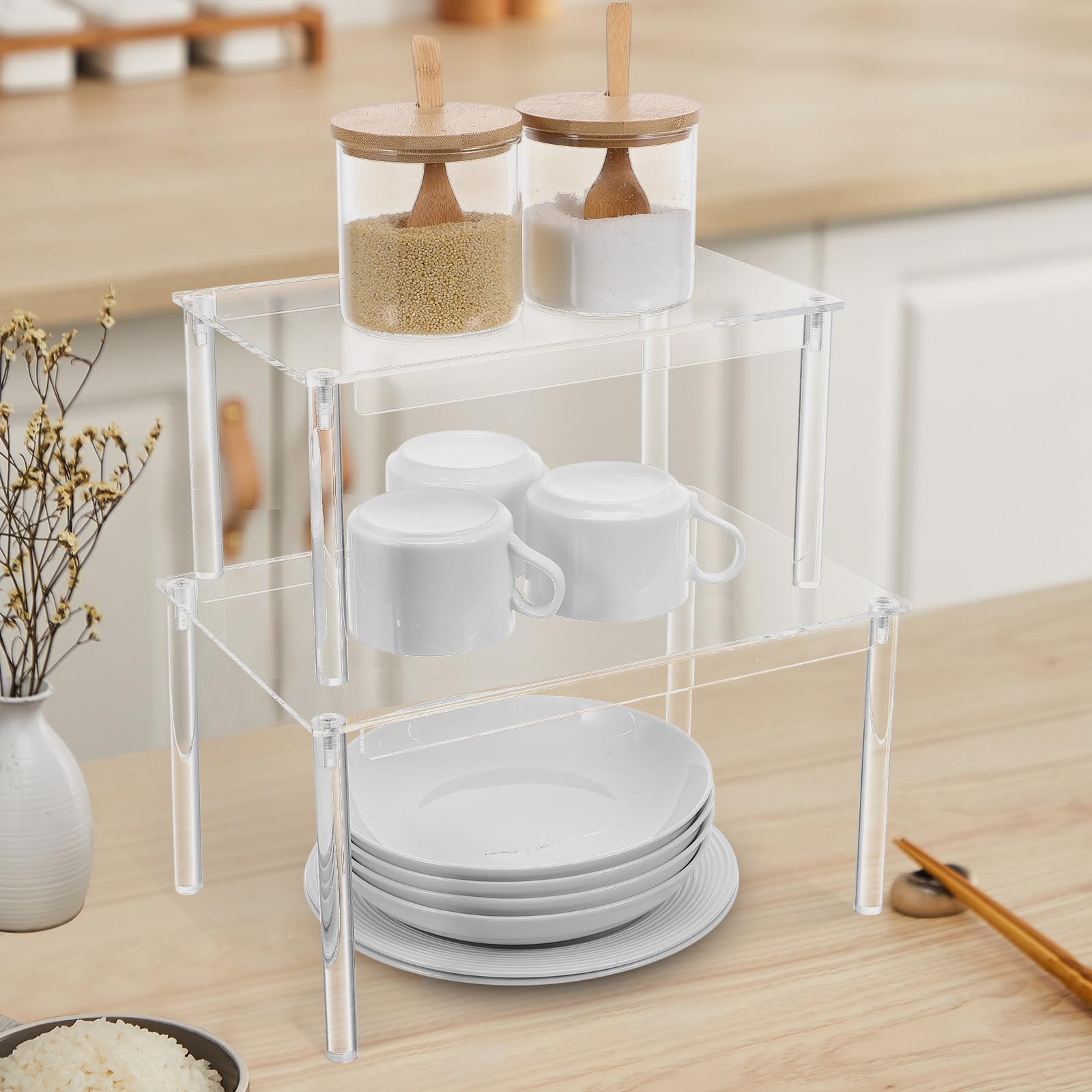 HEMOTON 4 Stück Verstellbares Acryl Gewürzregal Organizer mit Gestaffeltem Design zur Maximierung des Stauraums im Küchenschrank für Einfache Gewürzidentifikation