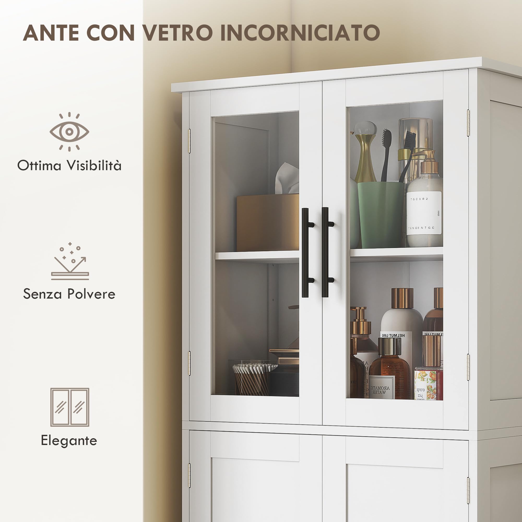 HOMCOM Mobile Bagno Alto con Ante in Vetro e 2 Armadietti, Mobiletto Bagno Salvaspazio con Ripiani Regolabili, Armadio da Terra per Sala da Pranzo Salotto Soggiorno Cucina, 60x30x170 cm, Bianco