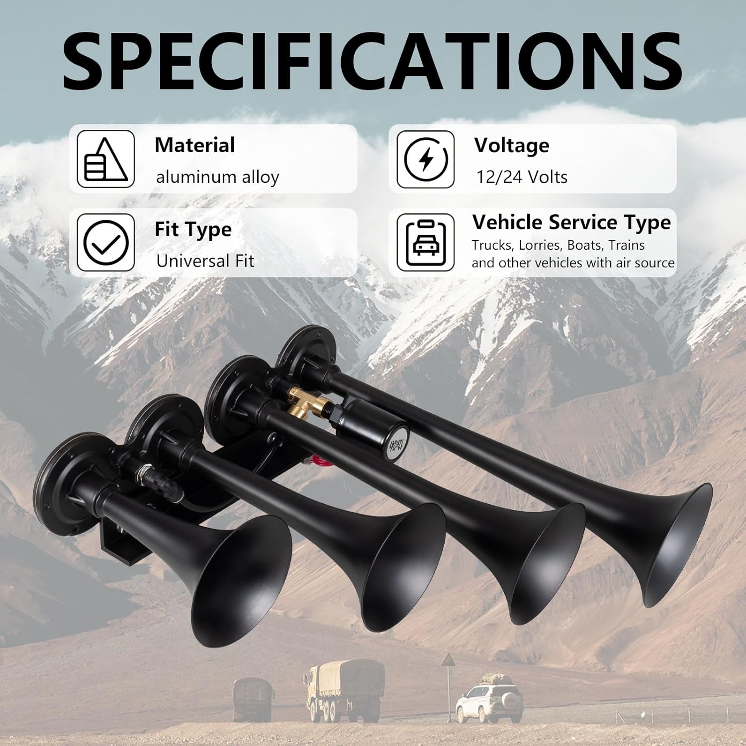 Truck Air Horn 4 Trumpet Horns Train Horn Kit for Truck 12/24V 180 dB Super Loud Suitable for Pickup Motorhome SUV Trucks Train Boat(Parallel 4-Trumpet Black 12/24V)