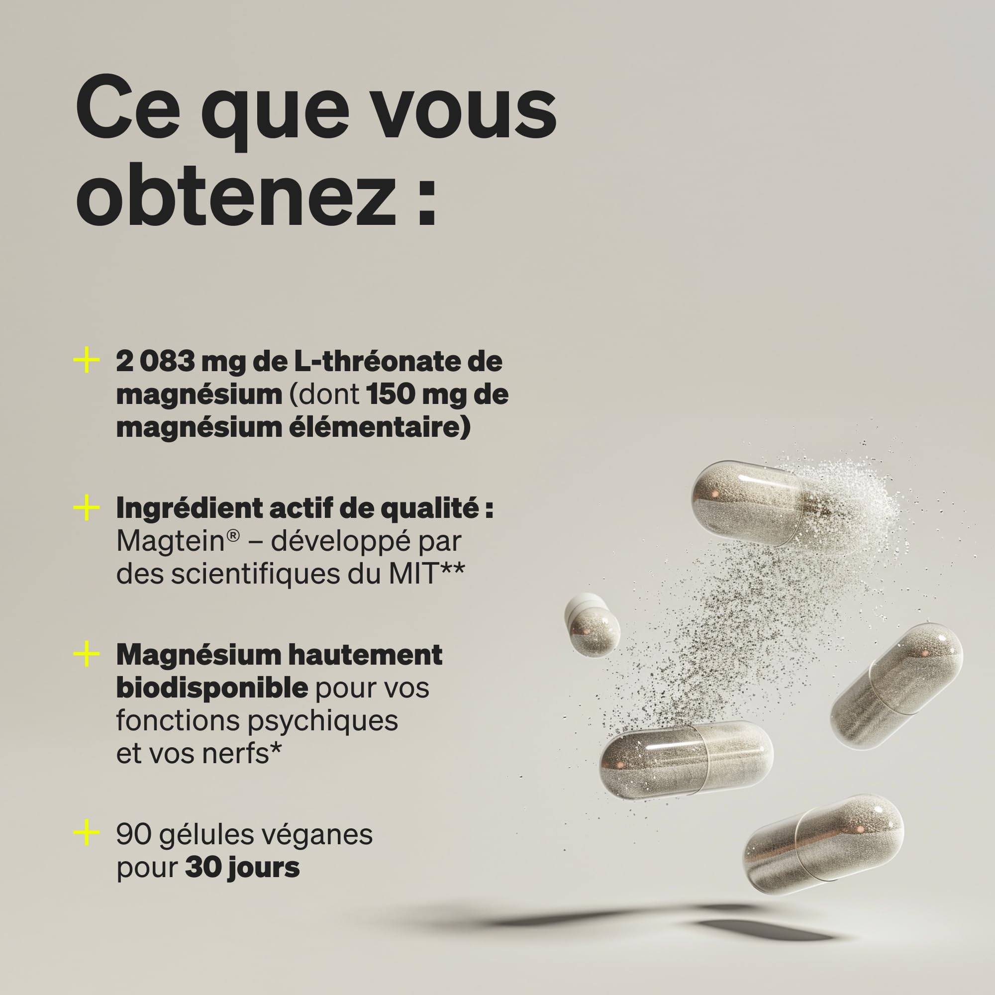 Magnesium L-Threonate (Magtein®) – 2000 mg de Magnésium par Dose Quotidienne – 90 Gélules pour 1 Mois – Soutient la Mémoire, Concentration & Sommeil – Hautement Biodisponible – Testé en Laboratoire