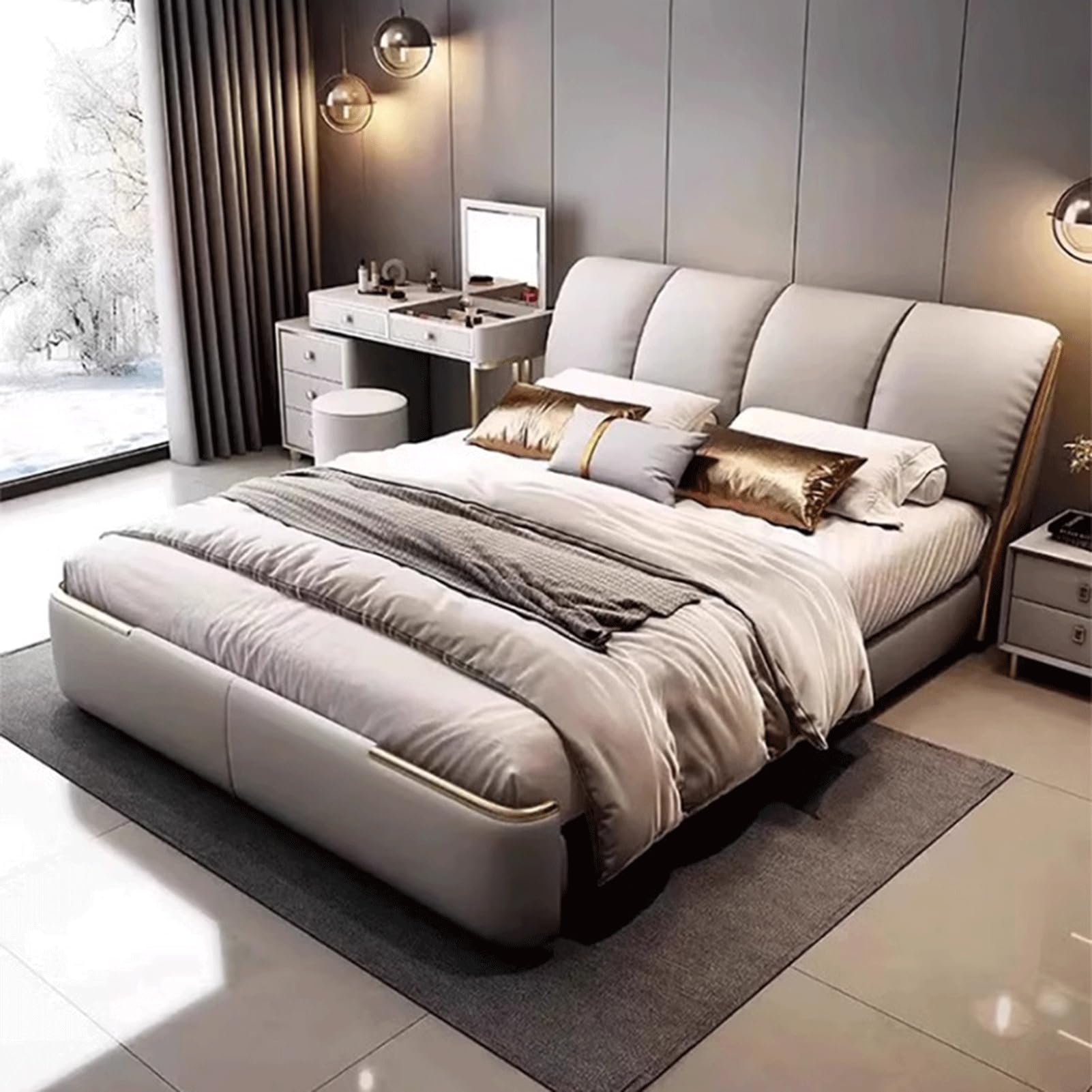 King Size Genuine Leather Wood Bed Upholstered Platform Bed Frame with Headboard and Lift Up Storage Wooden Slats