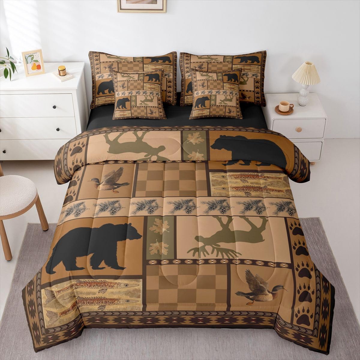 Feelyou Vintage Rustic 7 Piece Bedding Set Bear Deer Mallard Fish Comforter Set with Sheets for Kids Boys Girls Bohemain Geometric Bed in a Bag Wild Animal Bed Set Soft Lightweight