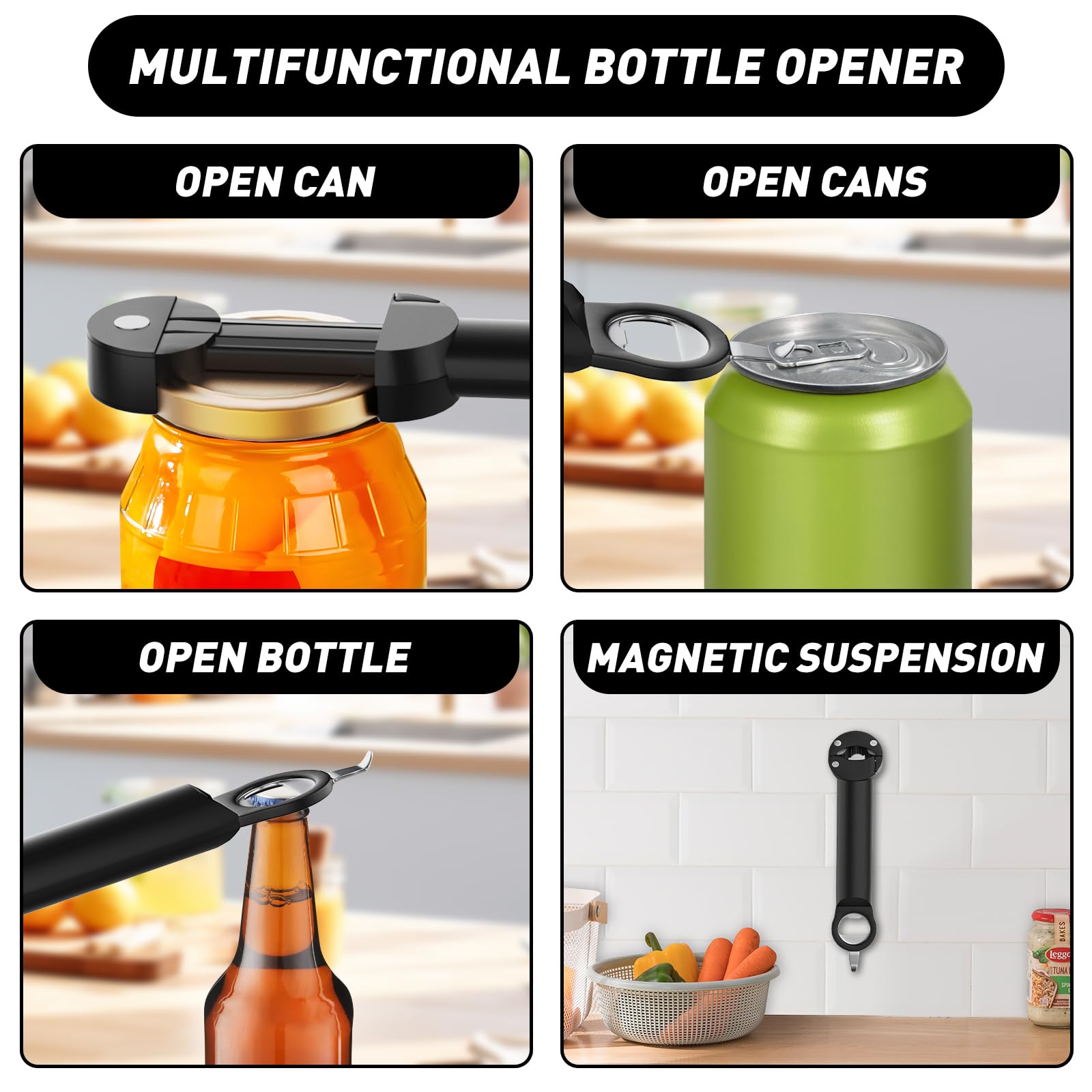Abridor de botellas retráctil multifuncional, abridor de botellas 2024, abridor de latas multifuncional ajustable, agarre de tapa de tarro, para manos débiles, artritis mayor (negro)