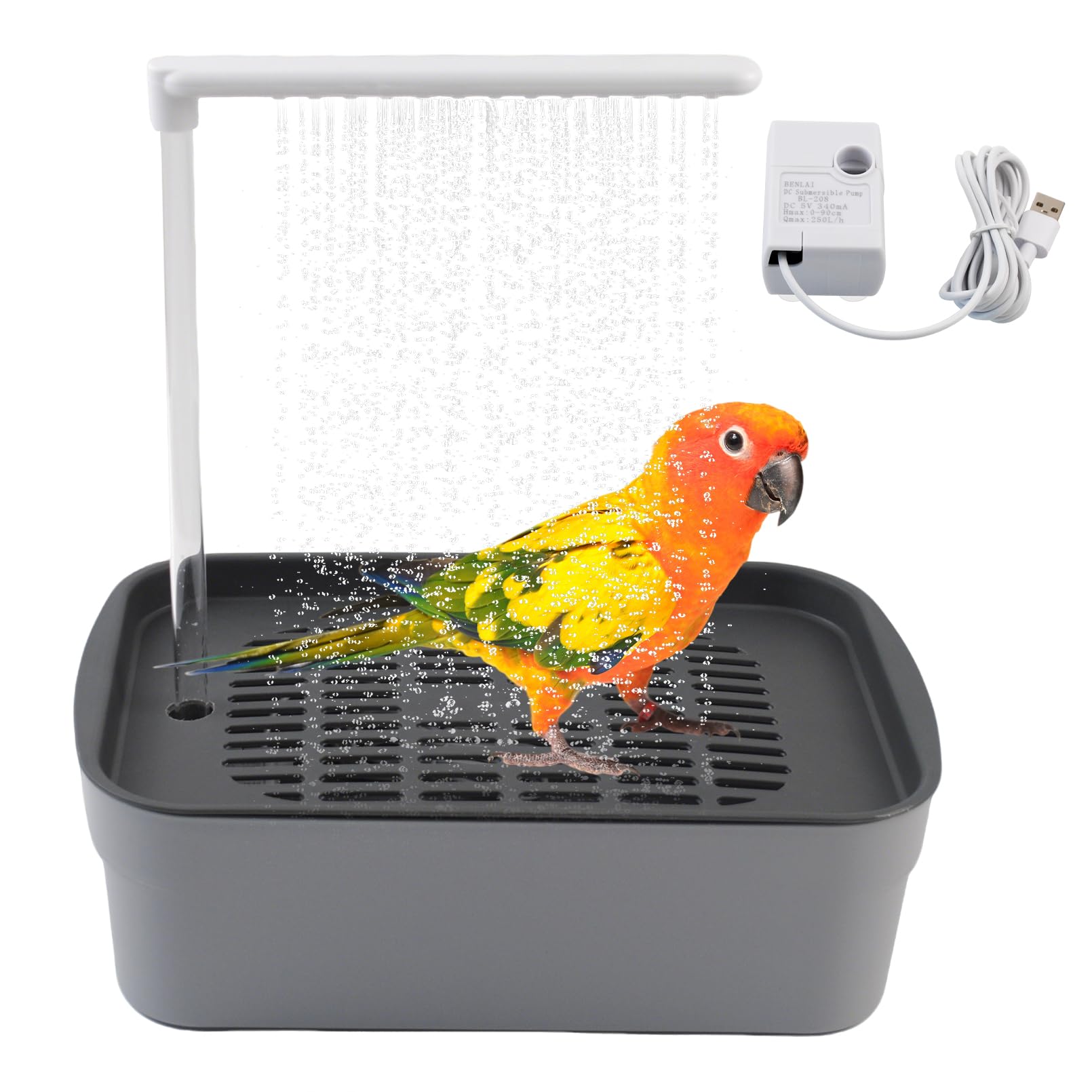 Automatic Parakeet Bath,Parrot Shower Fountain with USB Power Plug Indoor Bird Bath Circulating Water Electric Pet Bird Shower Pump for Cockatiel Lovebird Conure Budgie