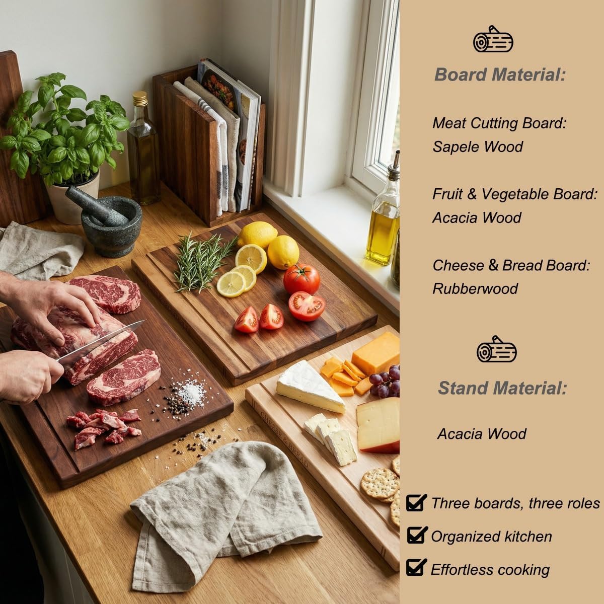 Solid Wood Cutting Boards for Meat Vegetables Cheese, Wooden Cutting Board Set of 3 for Kitchen with Juice Grooves, Book Design Non Slip Chopping Boards with Stand, Professional Kitchen Upgrade