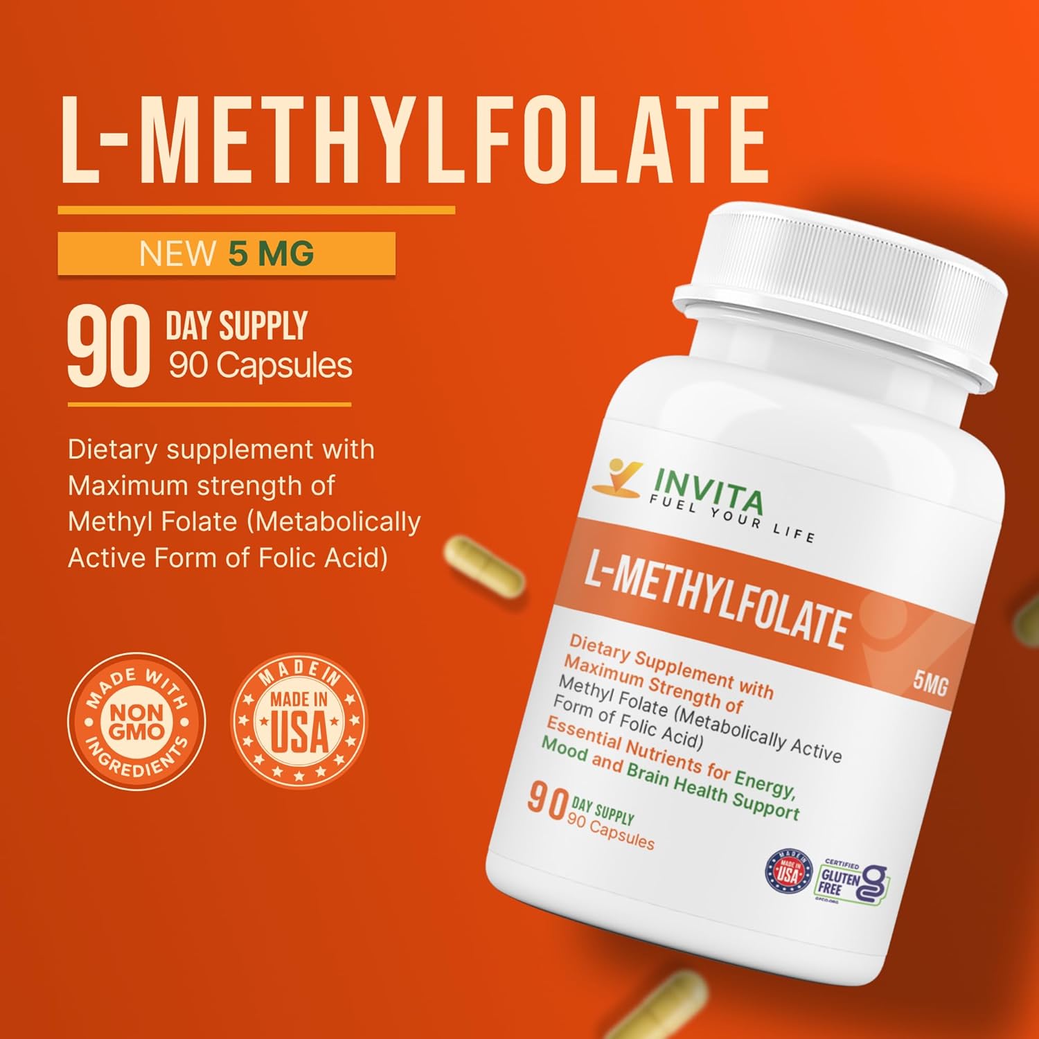INVITA L-Methylfolate 5mg – Physician Formulated Active Methyl Folate - 5-MTHF Supplement for Energy, Mood & Brain Health Support - Non GMO, Gluten Free, 90 Capsules (3 Month Supply)