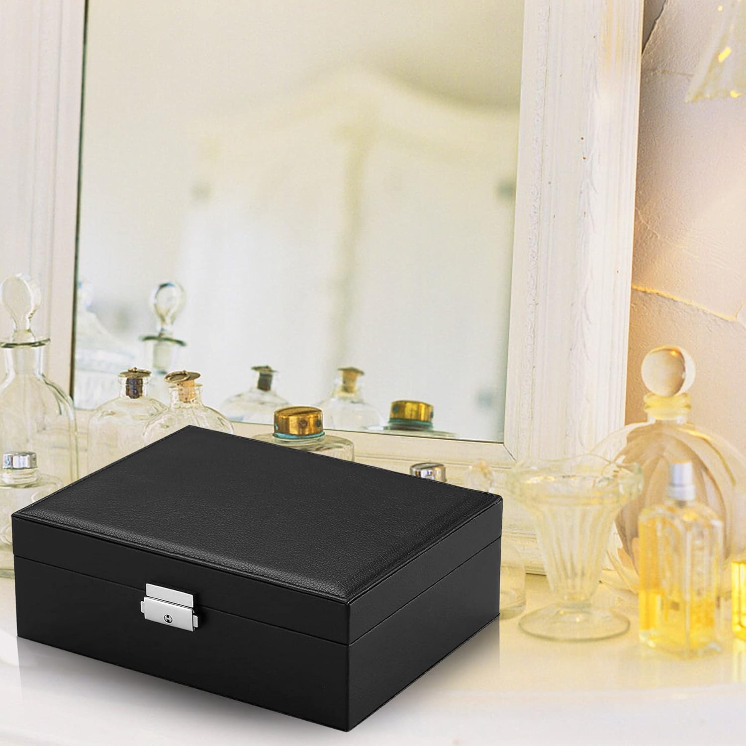 Rovepic 2 Layers Jewelry Box Organizer Valentines Day Gift Container Removable with Lock Necklace Holders Display Tray Storage Case Earring Rings Jewelry Case for Girlfriend and Wife Women (Black)