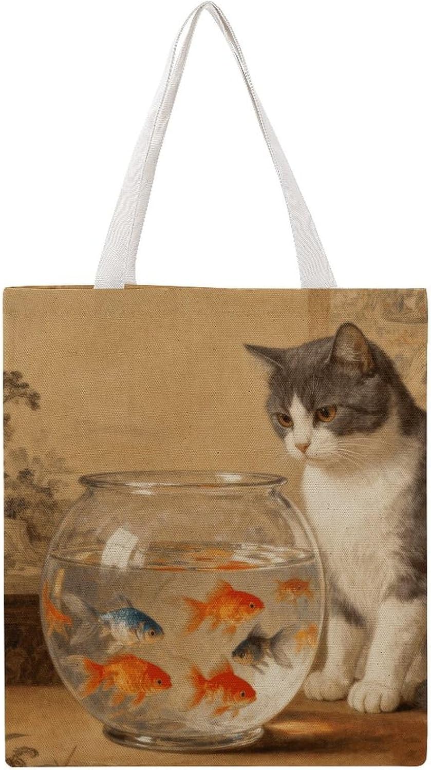 Cat And Fish Bowl Canvas Tote Bag Reusable Grocery Bags Foldable Soft Cotton Shoulder Carry Bag