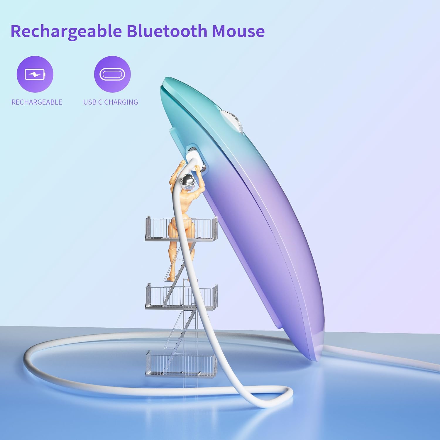 TENMOS M18 Bluetooth Mouse, USB C Rechargeable Wireless Mouse, Triple Mode (Dual Bluetooth+USB) Silent Mice Portable with USB Receiver and Type C Adapter for Laptop/MacBook/iPad - Green and Purple - 2