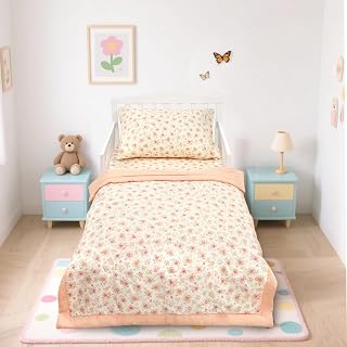 Hooyax Muslin Toddler Bedding Set for Girls - 3 Piece Crib & Kids Bed Set with Fitted Sheet, Quilt and Pillowcase, Breathable & Soft Bedding with Romantic Floral Print