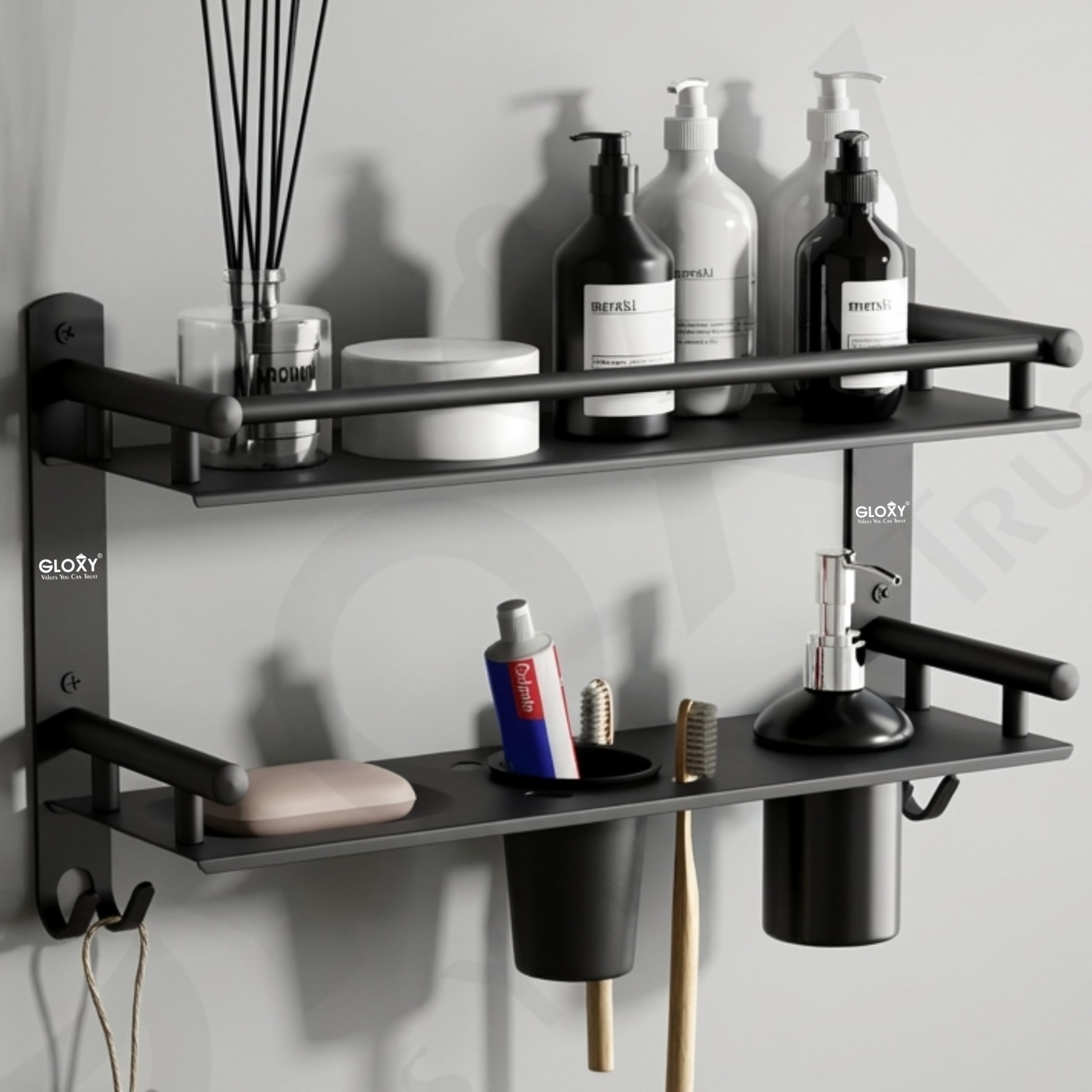 GLOXY Premium Stainless Steel Black Matt Finish 2 Layer Bathroom Shelf Rack with Soap Holder, Liquid Soap Dispenser & Toothpaste Holder - 4 in 1 Washroom Rack for Home, Office, Hotels & Restaurants-image-27