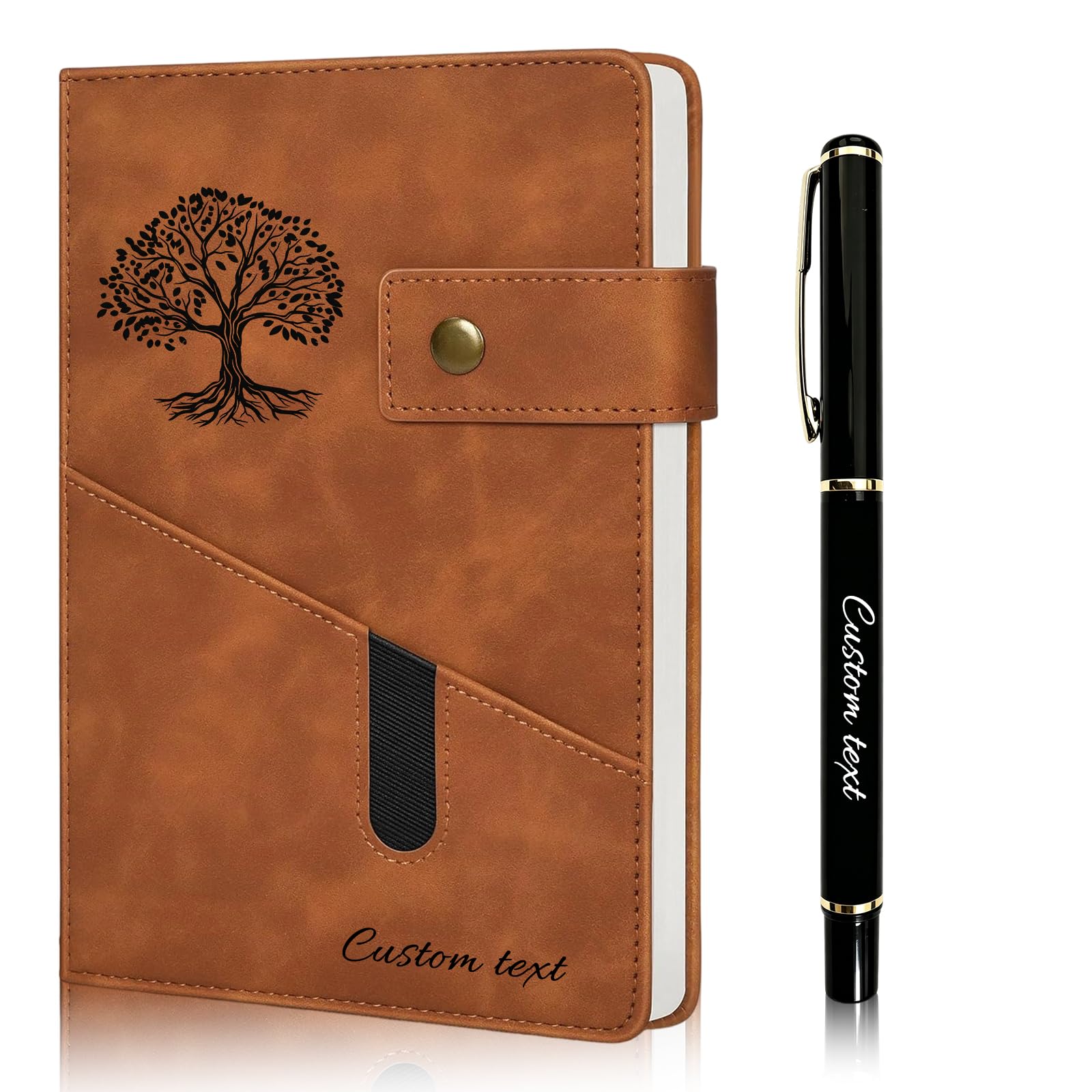 QSZ Personalised A5 Leather Notebook Set Custom Engraved Journals and Pen Customizable Gift for Men Women Dad Birthday Christmas Thanksgiving Day (Custom leather notebooks)