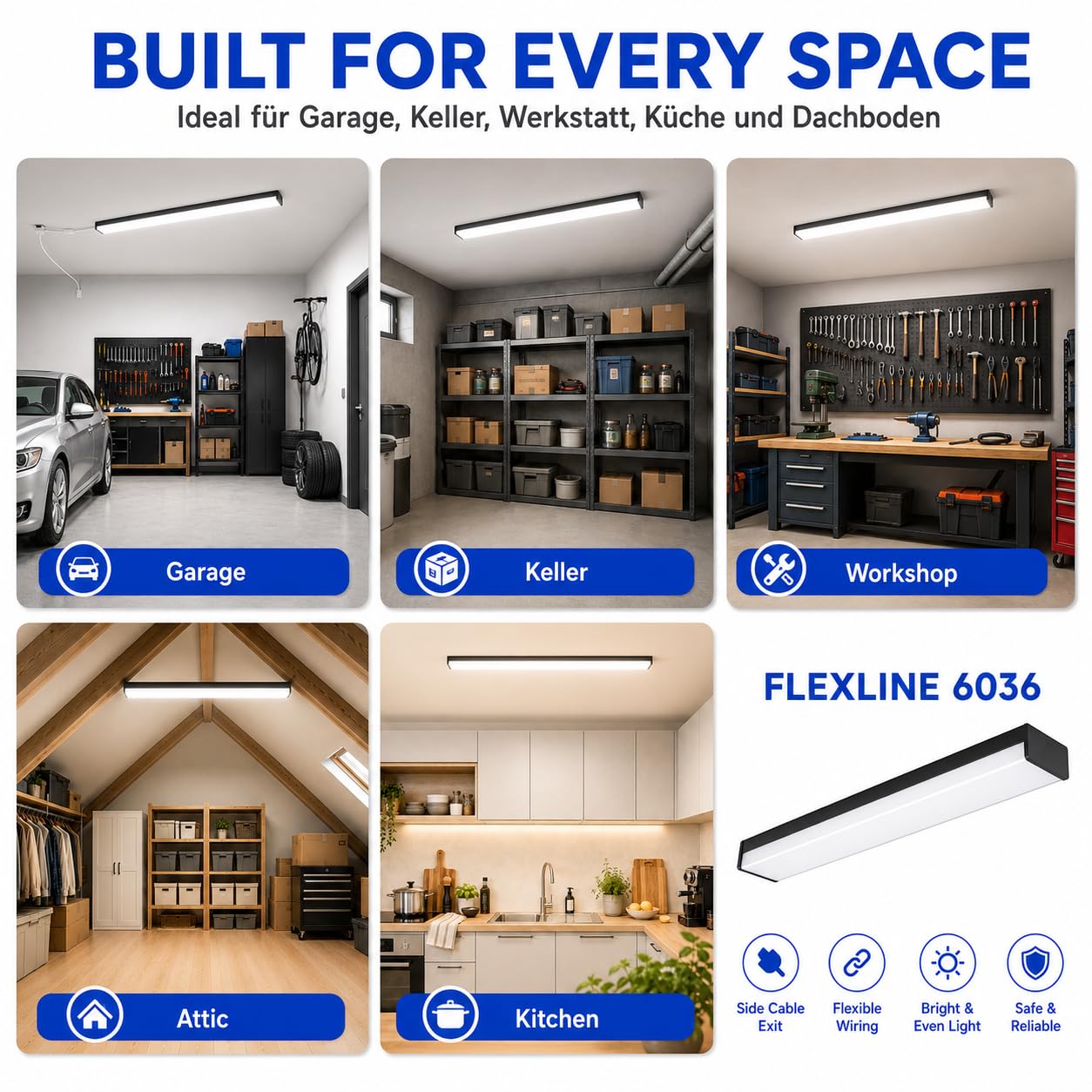 BrightFly LED Lichtleiste Schwarz 120 cm 2er Pack mit EU-Stecker, 3 Farbtemperaturen 3000K/4000K/6500K, 3610 lm, Moderne Deckenleuchte für Küche, Garage, Keller und Werkstatt
