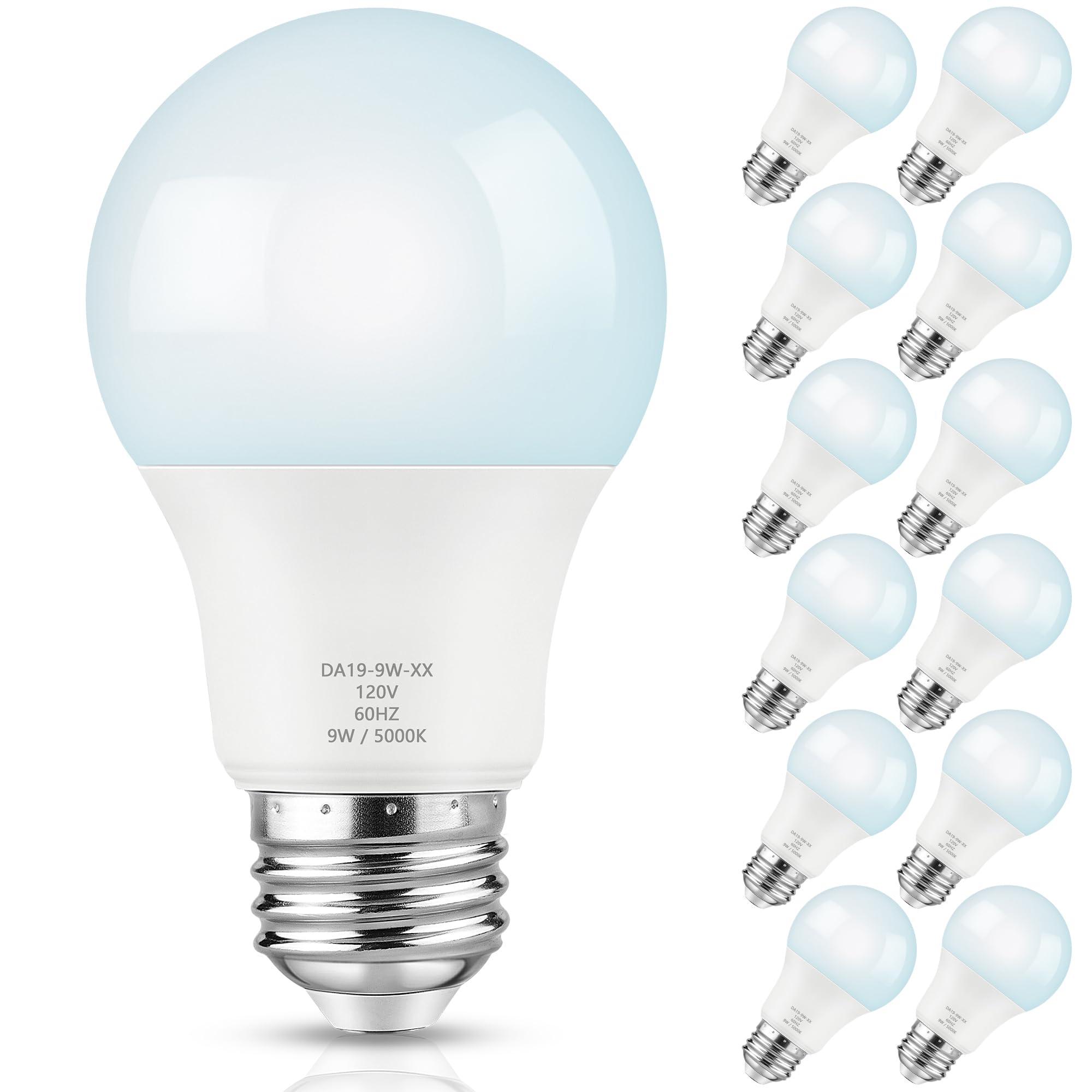 A19 LED Light Bulb Dimmable, 60 Watt Equivalent LED Bulbs, Daylight White 5000K, 900 Lumen, E26 Base, 9W Bright White Light Bulb, 12-Pack