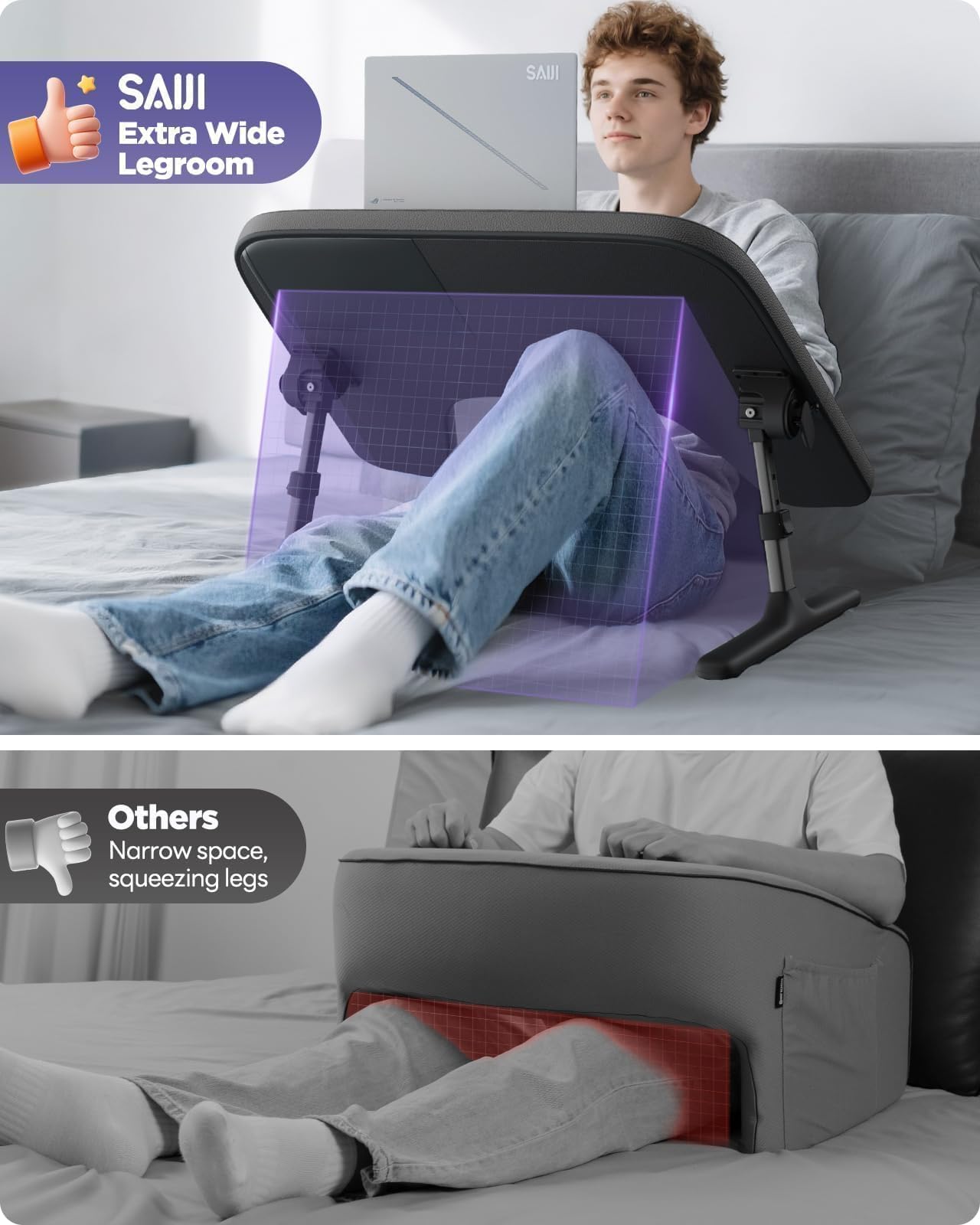 SAIJI Escritorio de Regazo para Laptop para Cama y sofá, Altura Ajustable y ángulo con reposabrazos Suave para Adultos, Mesa Plegable para Laptop, para Trabajar, Leer y Jugar (Negro)