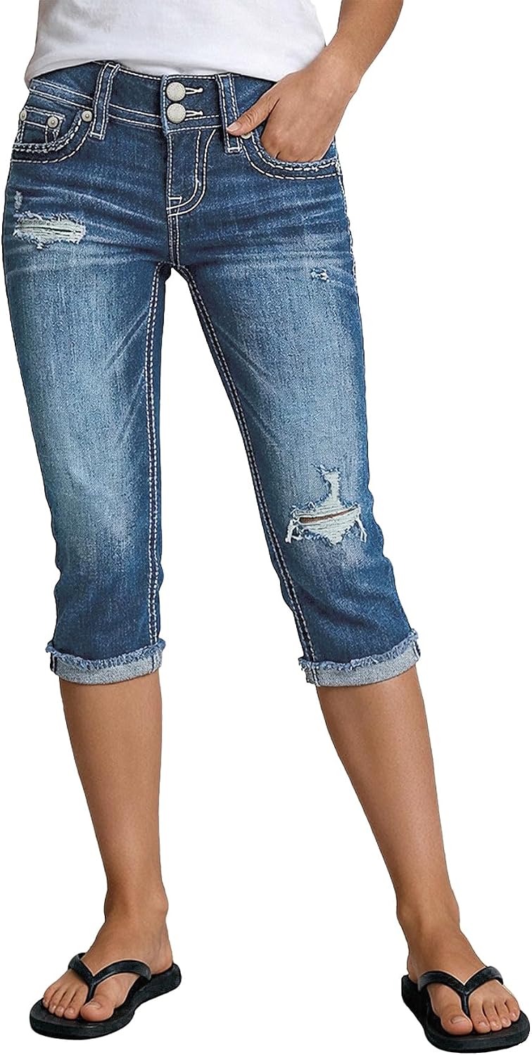 Flamingals Mid Rise Capri Skinny Jeans for Women Ripped Stretchy Butt Lifting Denim Capris Jeans